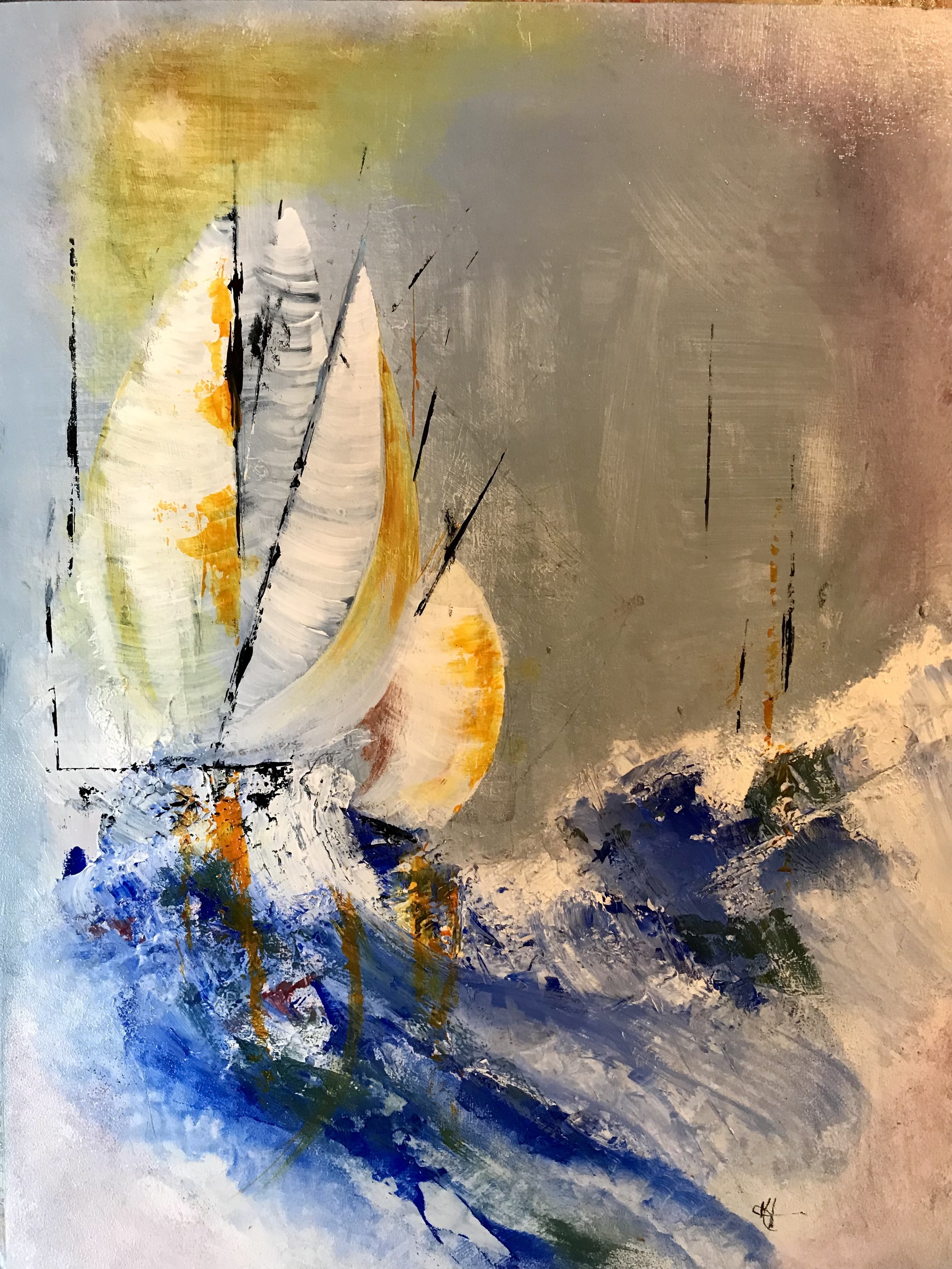 "Ocean Challenge" A 40cm x 30cm semi abstract Acrylic and mixed media painting on wood panel. Artwork is thoroughly protected by using Archival / UV varnish.