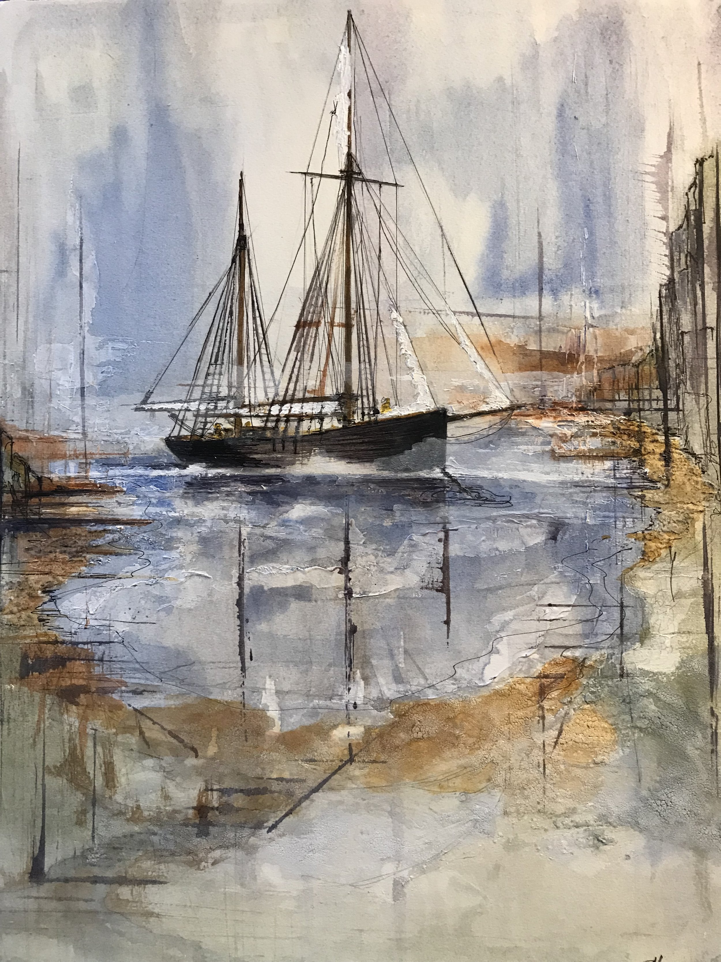Smugglers Cove: A watercolour and mixed media painting measuring 50 x 40 cms