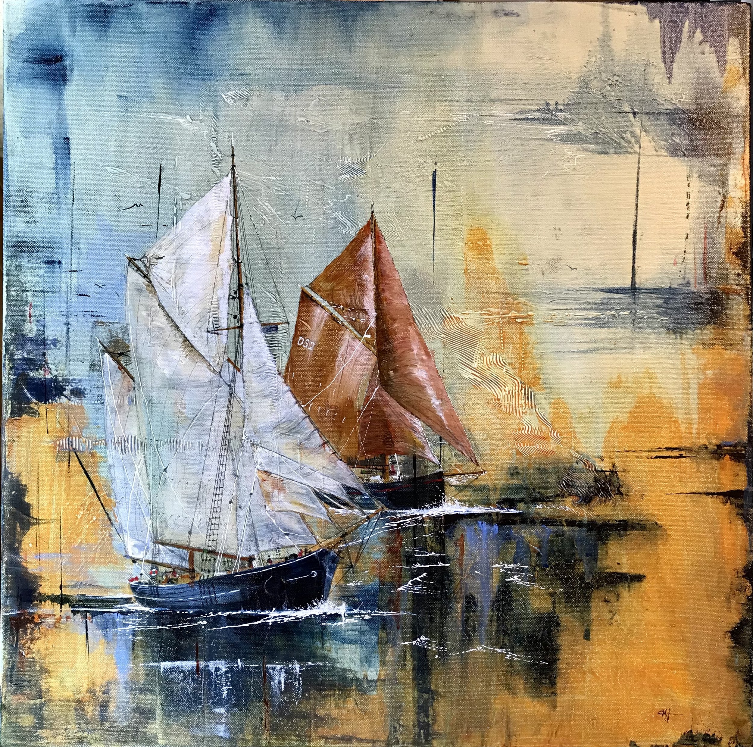 "Solent Breeze" A 60 x 60cms Acrylic painting on stretched canvas. This artwork is mounted within a black wooden floating frame.