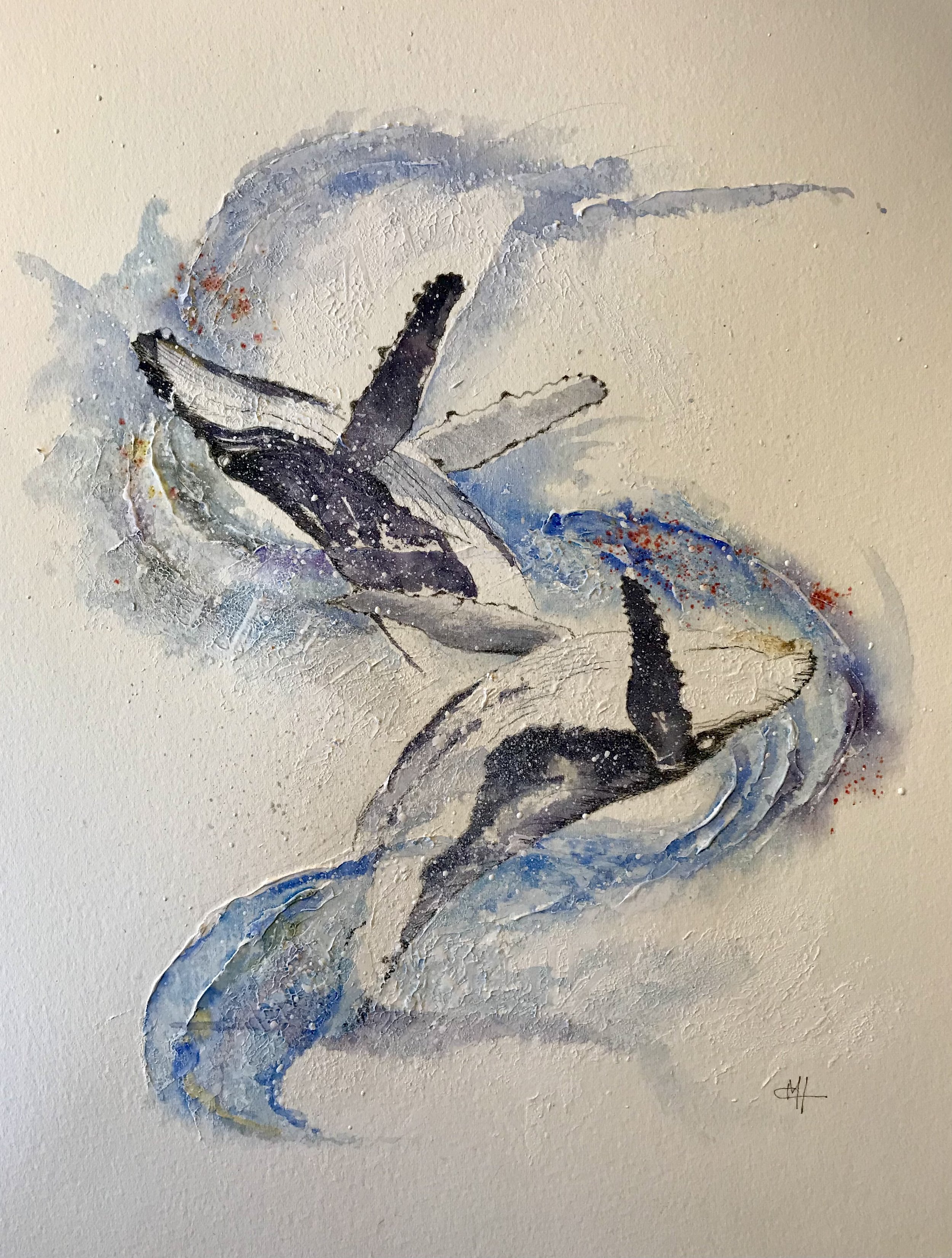 Two humped back whales breaching the water.
Watercolour and mixed media.
Sold at the UTR art exhibition at Bluewater May2024