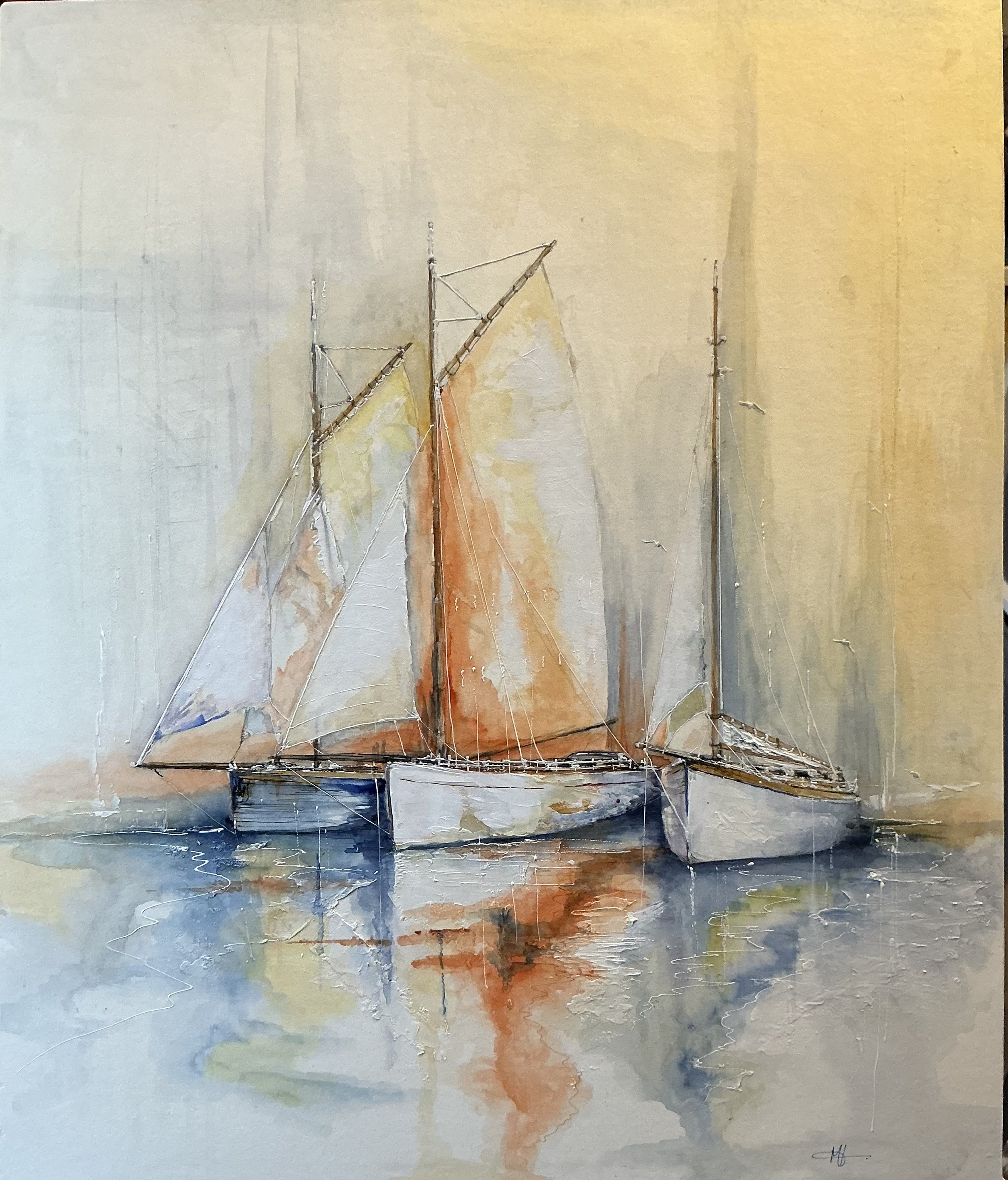 "Going nowhere" A 60x60cm watercolour of 3 Gaff rigged vessels in light airs.