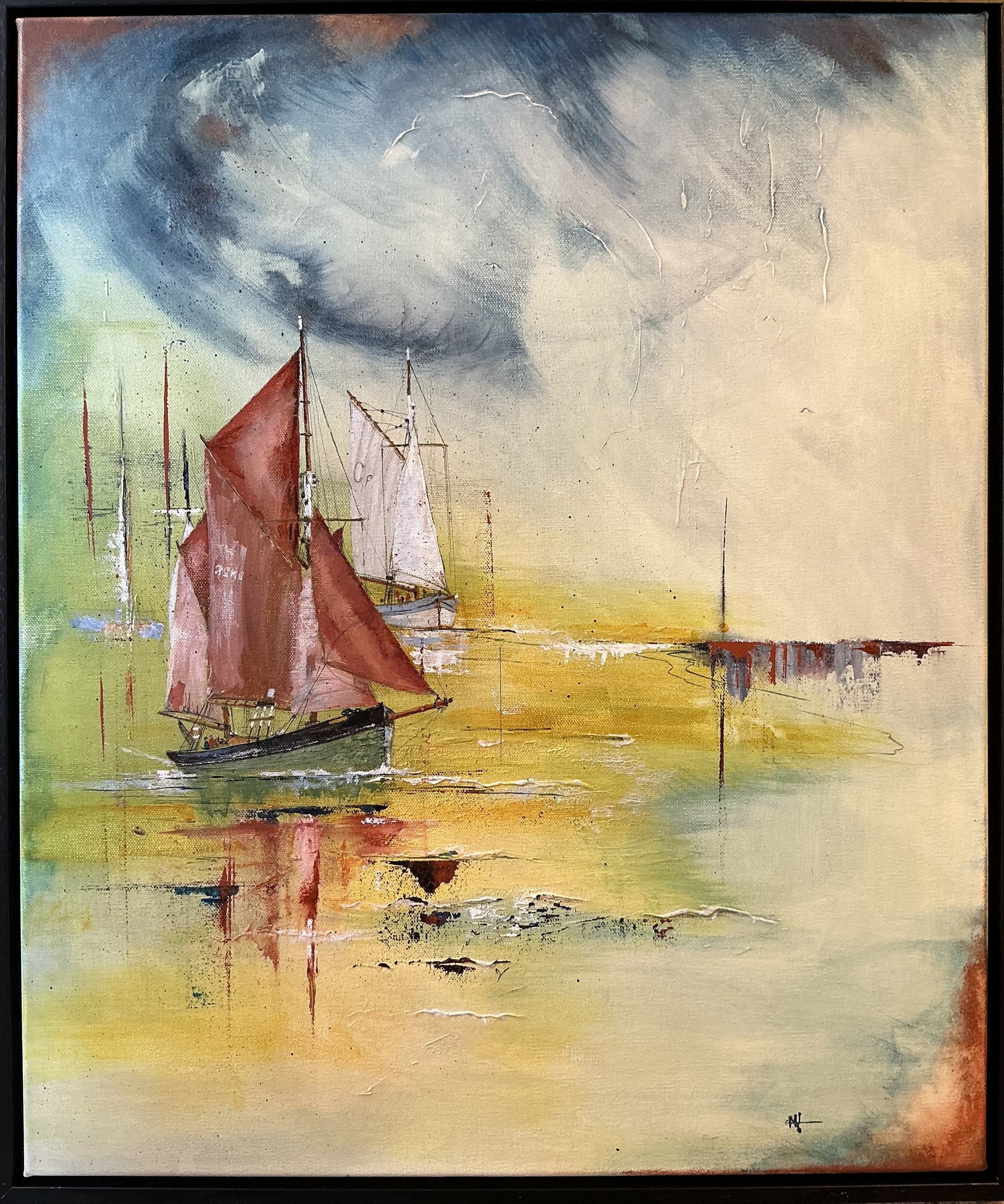 "Safe Haven" An acrylics on canvas measuring 60x60cms that depicts sailing vessels arriving in harbour ahead of a storm.