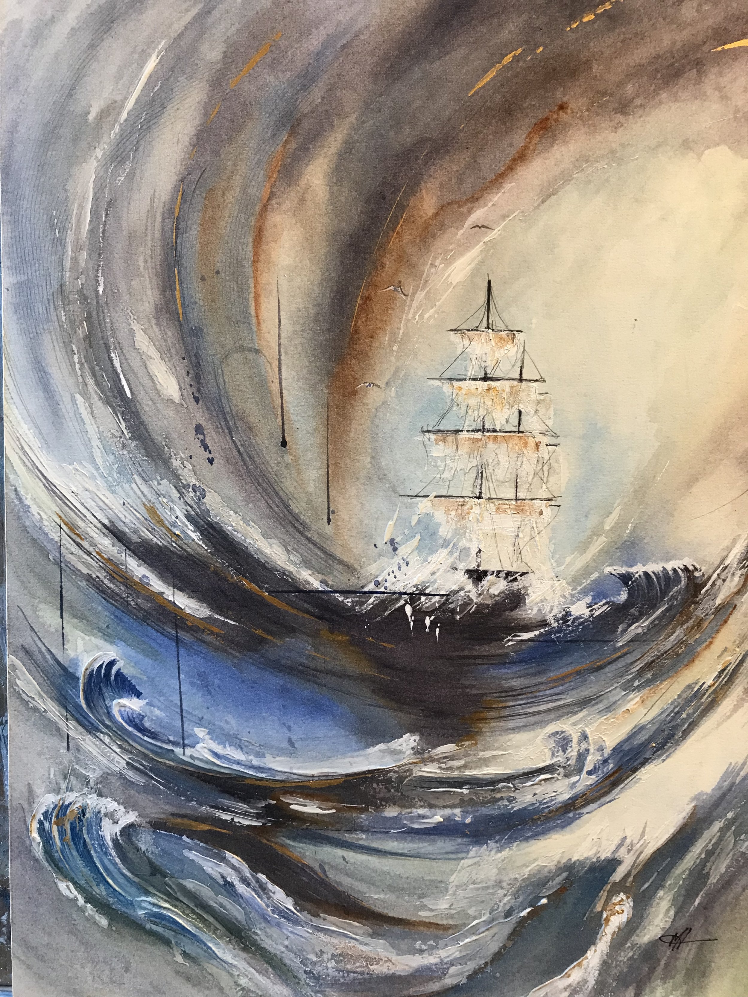 Eye of the storm: A watercolour and mixed piece 50 x 40 cms.