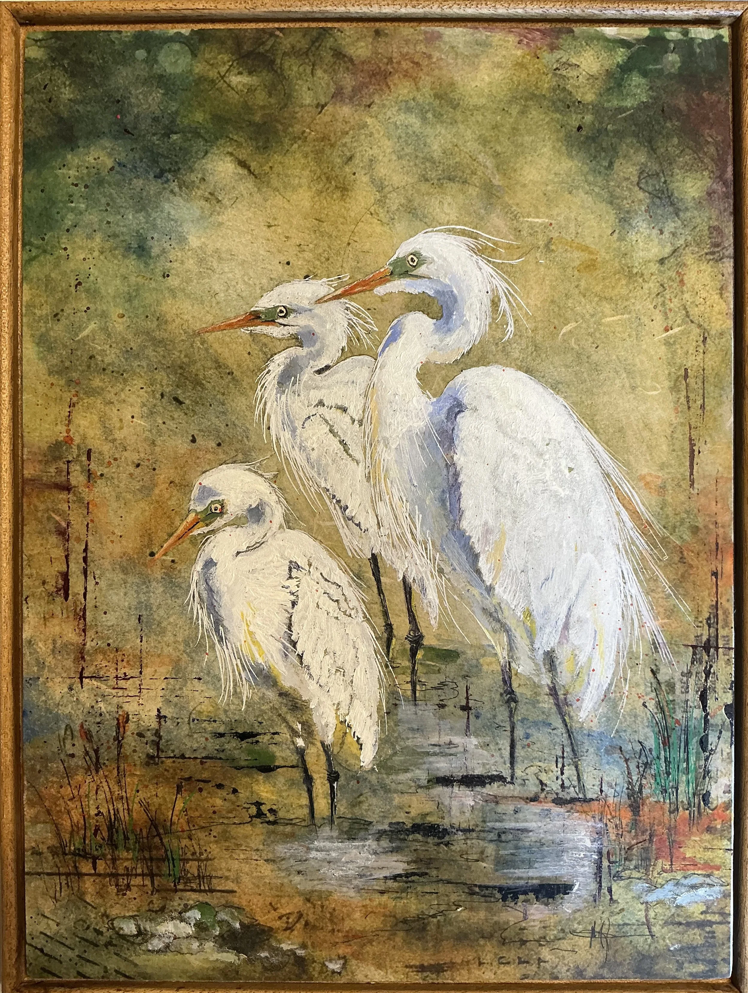 'Family Affair'  An acrylic and mixed media original artwork. Painting measures 40x30cms, and is within a wooden floating frame.