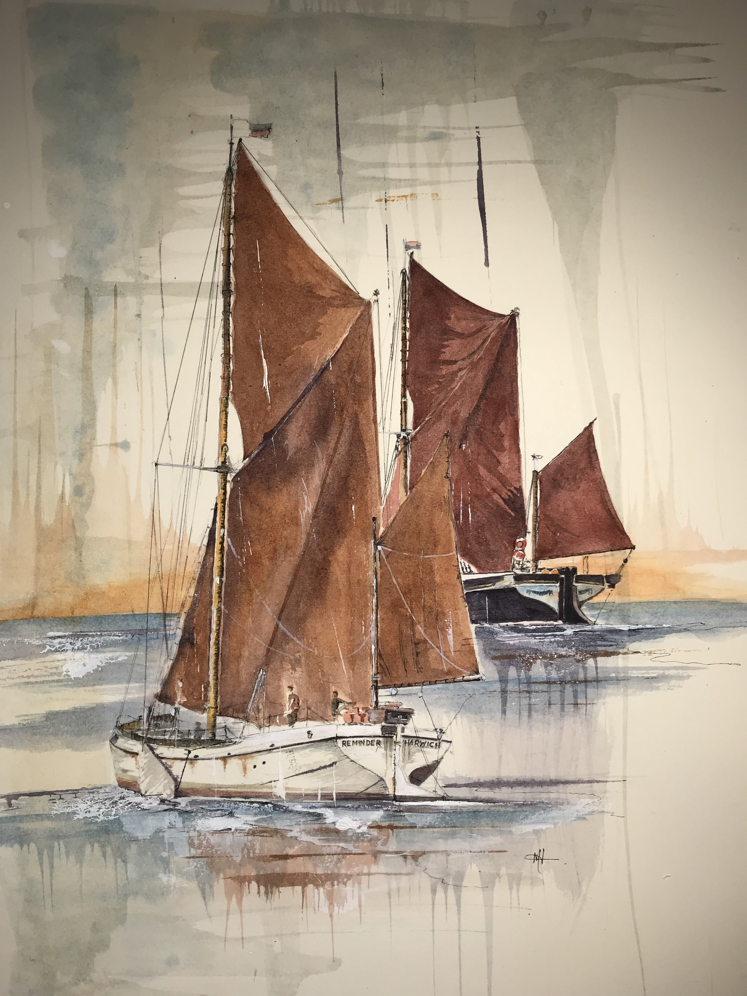 "Sailing by". Two Thames sailing barges under full sail. Watercolour and mixed media 50x40 cms