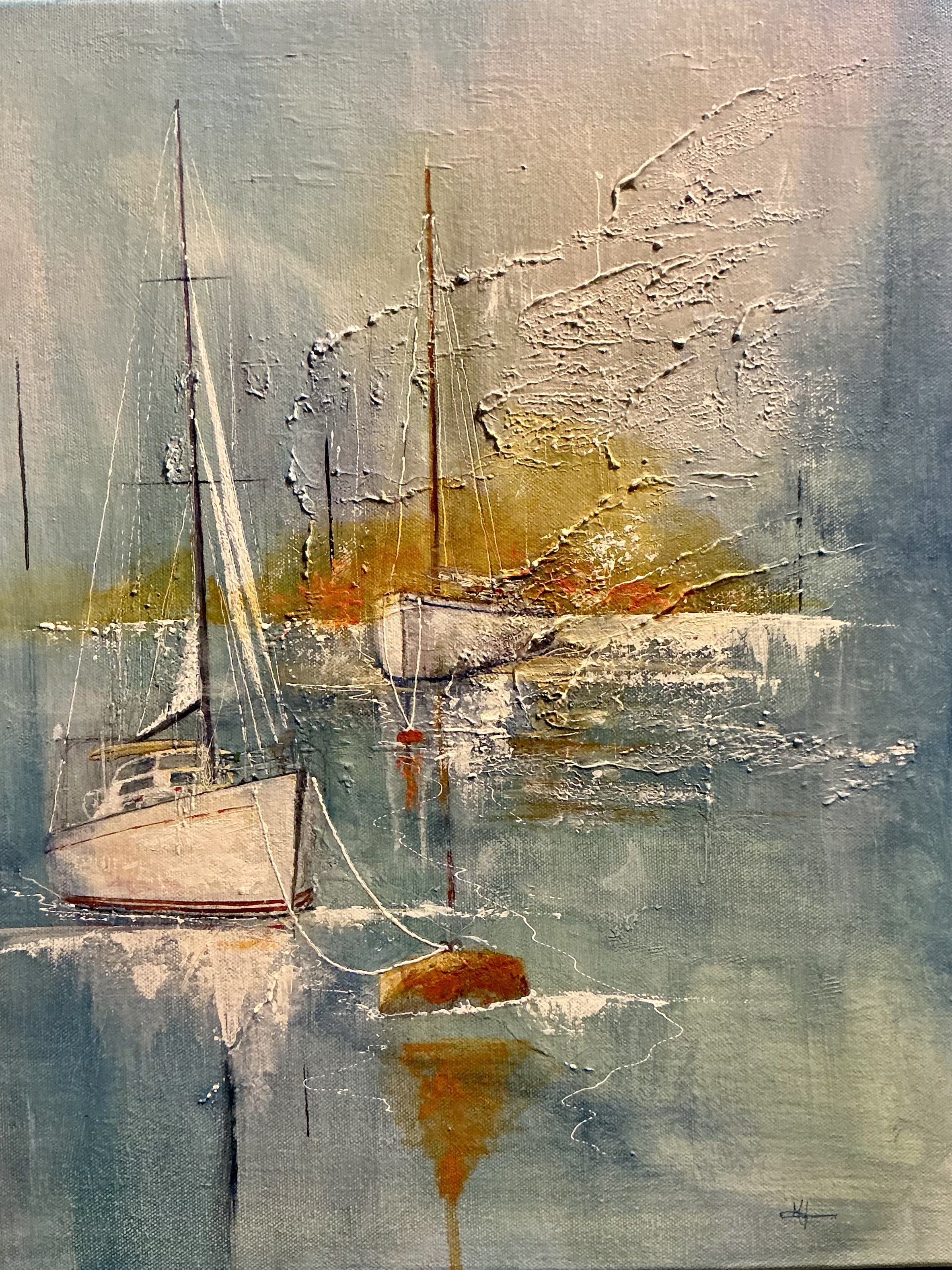 "Dawn Mooring" A 50x40cm Acrylics on canvas depicting yachts on river moorings.