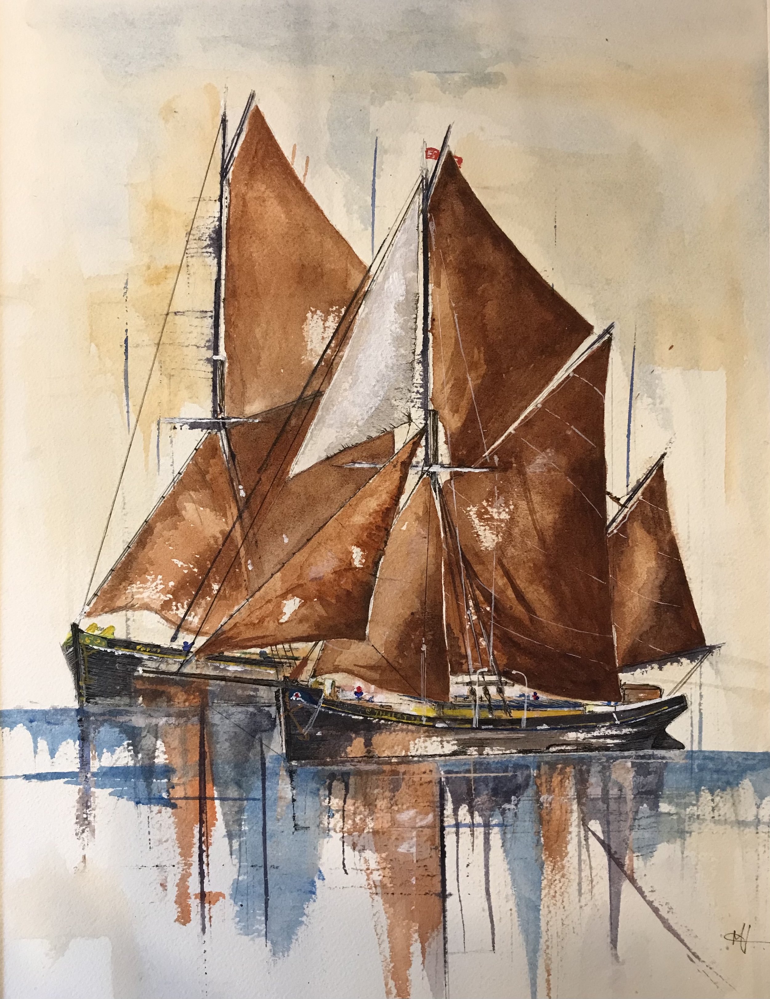 "Stealing the Wind" A 50cm x40cm Framed original watercolour painting of two Thames Sailing Barges under full sail.