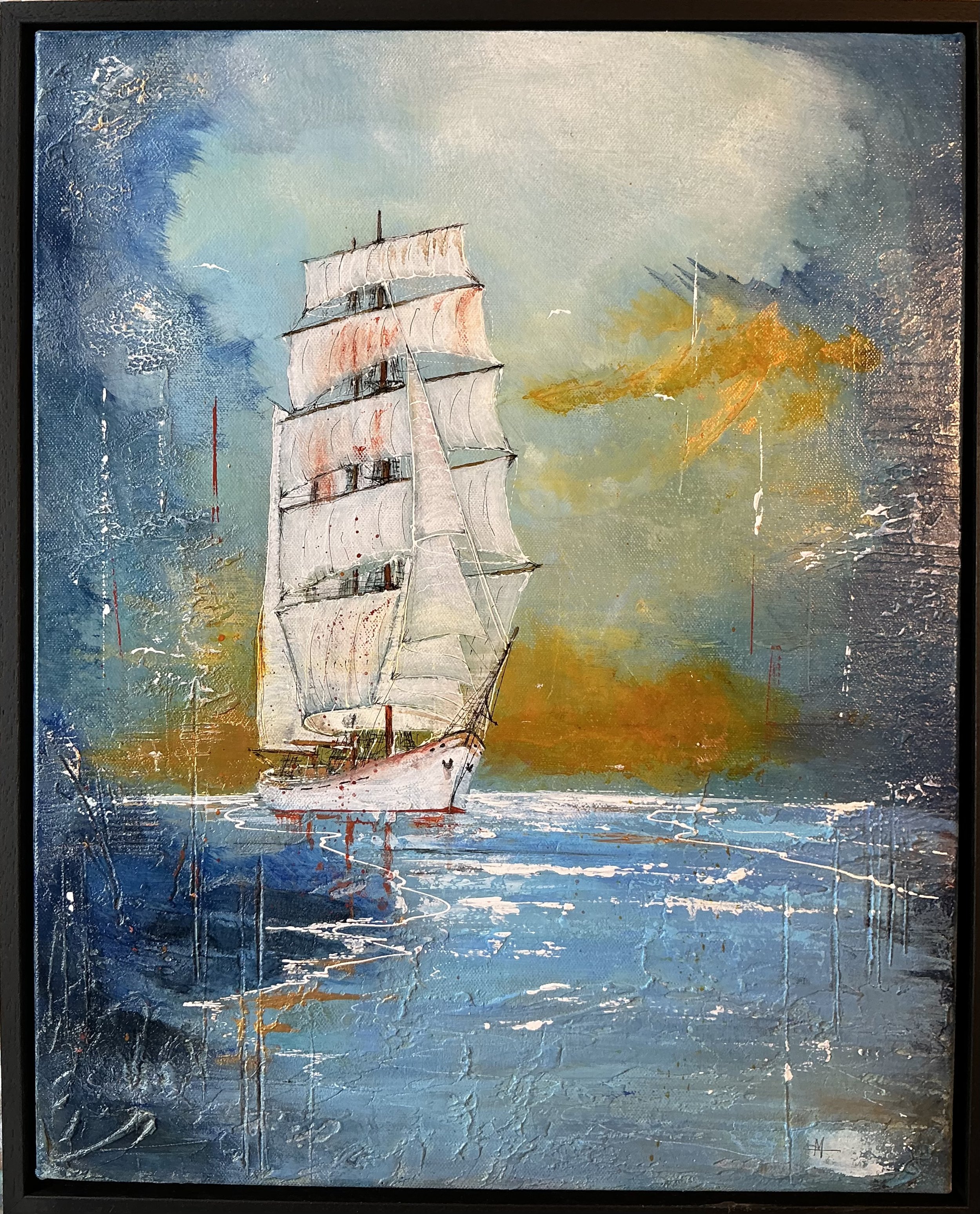 "Inshore Passage" A seascape painting in acrylics of a Tall ship navigating an inshore passage. 50 x 40cms