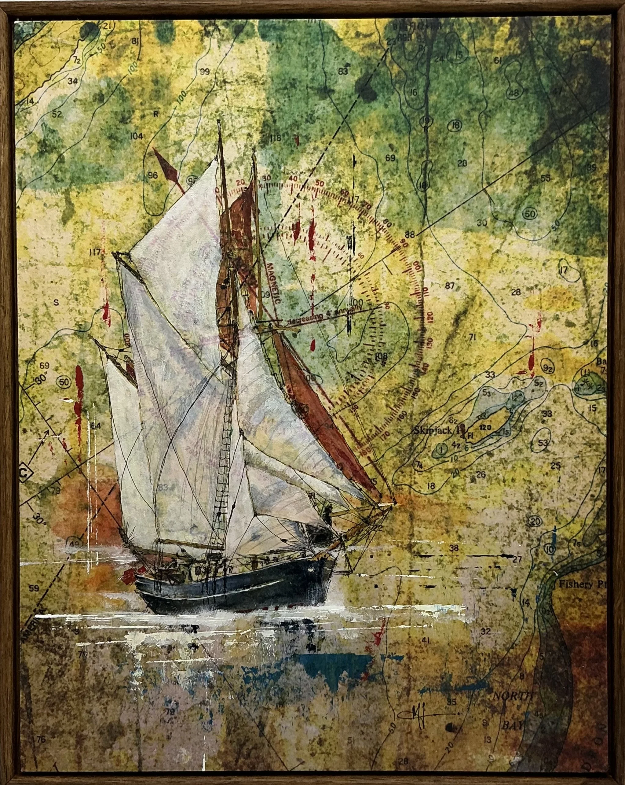 Calm waters: Acrylics and mixed media on wood panel. Image of sailing vessel painted on top of old nautical chart that was printed on Japanese rice paper. Beautifully framed and varnished artwork.