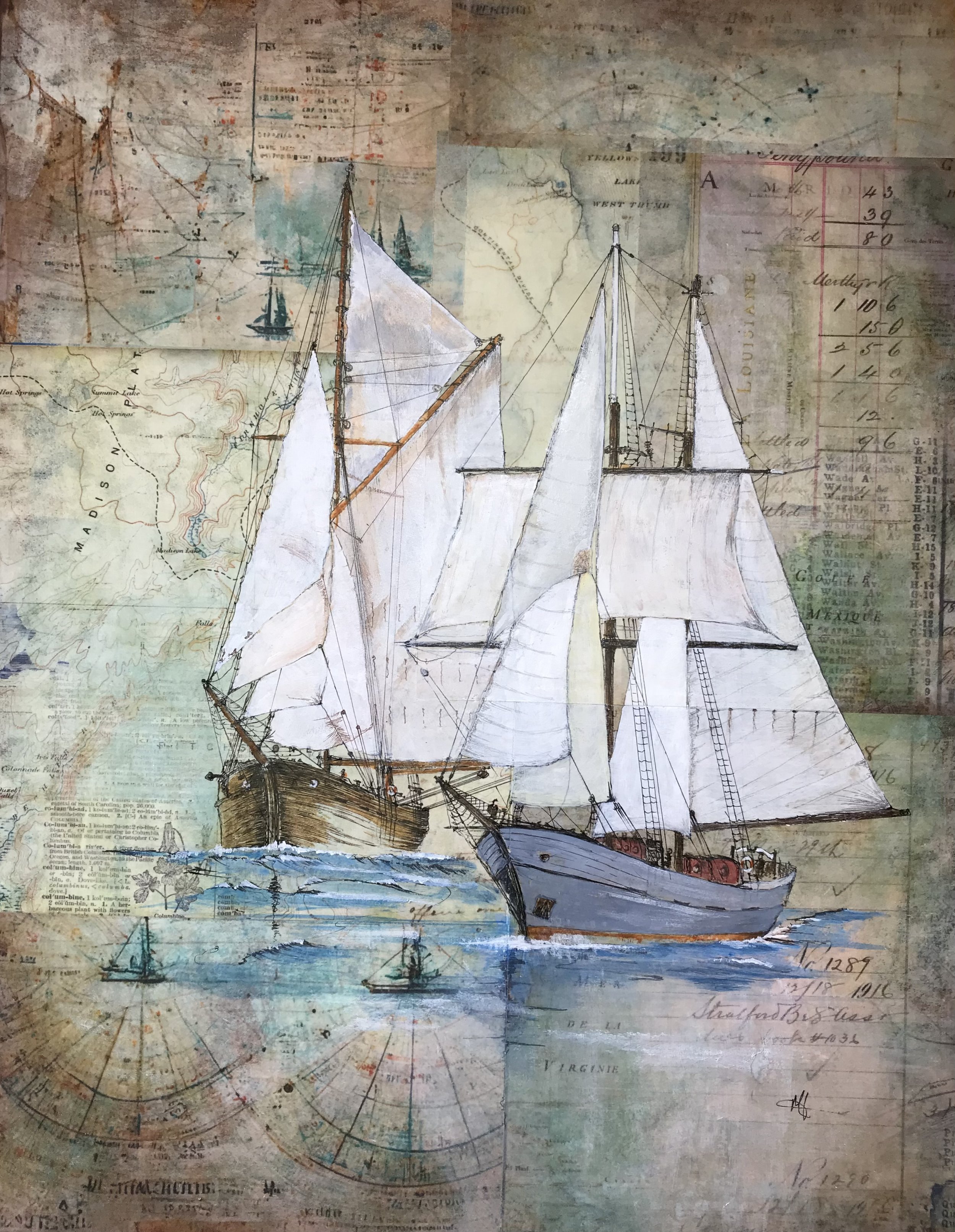 Mixed media + collage. Two sailing vessels painted on top of nautical maps.