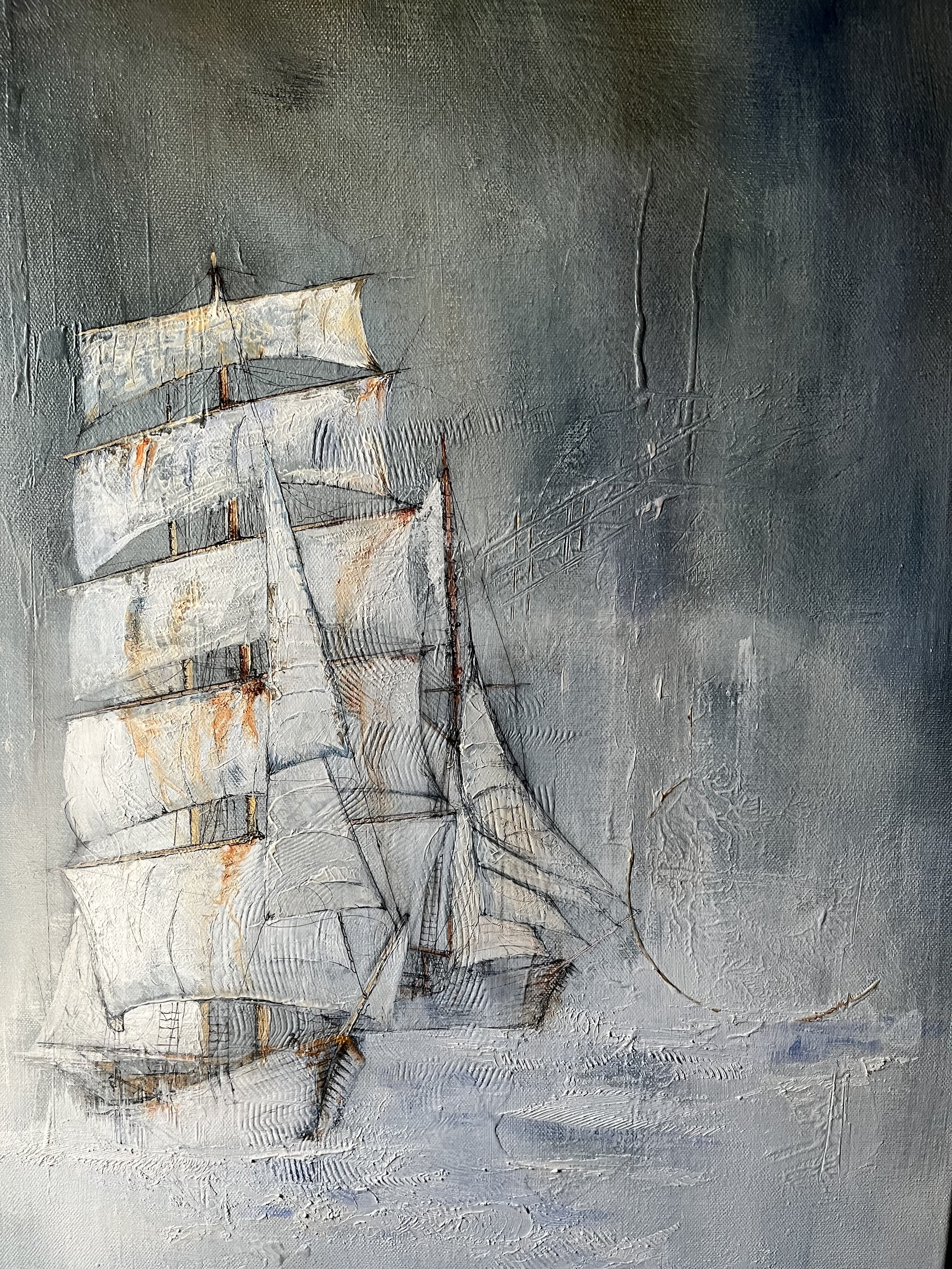 "Sea Mist". A 60 x 50 cm Acrylics on canvas, depicting two sailing vessels shrouded in sea mist. This painting will be mounted within a black wooden floating frame.