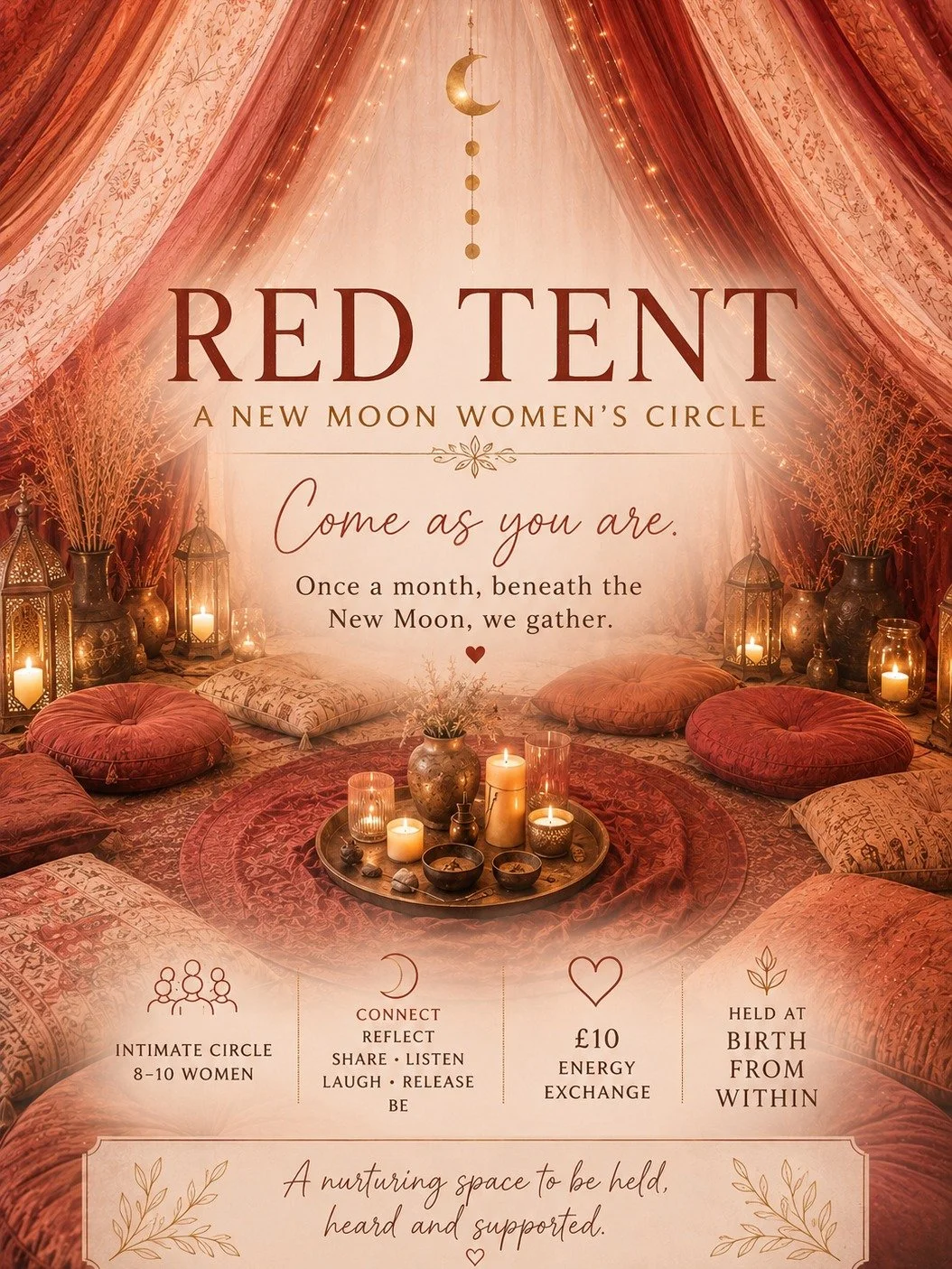 Once a month, beneath the New Moon, we gather.

I&rsquo;m opening the doors to **Red Tent** &mdash; an intimate women&rsquo;s circle here at Birth From Within.

For generations, women have gathered to talk, listen, laugh, share, rest &mdash; and simp