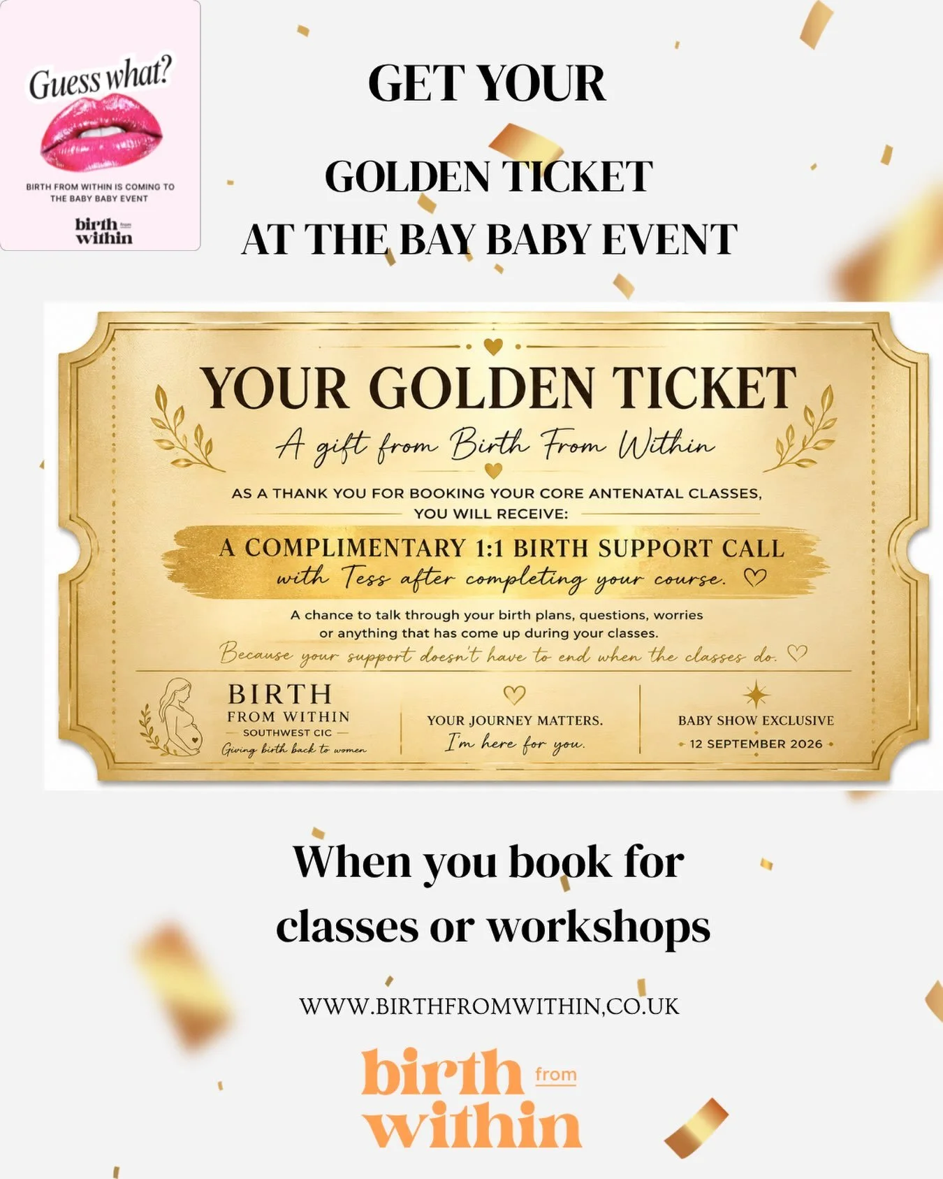 ✨ THERE ARE GOLDEN TICKETS AT BAY BABY&hellip; ✨

And yes, they really are golden. 😍

Book onto my Birth From Within core antenatal classes and you&rsquo;ll receive your very own Golden Ticket.

Your ticket gives you a complimentary 1:1 Birth Suppor