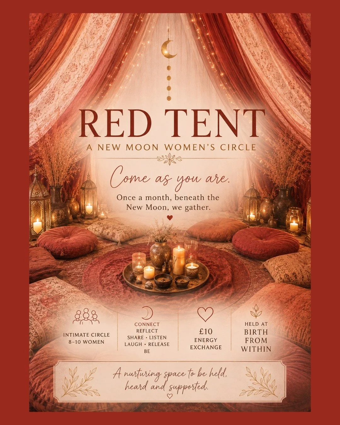 Step into a nurturing sanctuary beneath the New Moon at our Red Tent Women's Circle. 🌙✨ Join us once a month to connect, reflect, and share in an intimate gathering of 8-10 women. Held at Birth From Within, this is your space to be held, heard, and 
