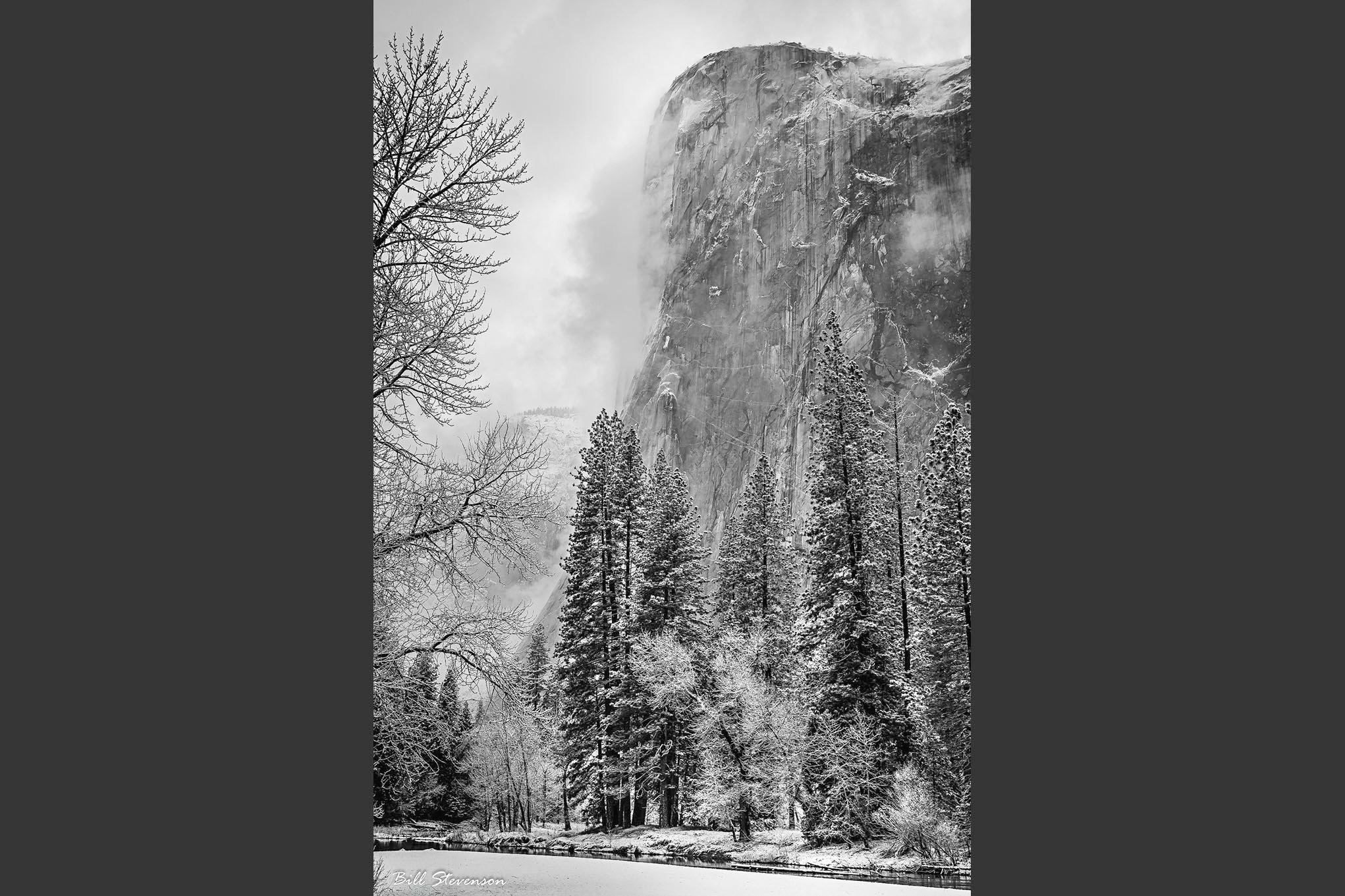 A black and white photo of El Capitan in Yosemite Valley on a snowy morning. (Copy)