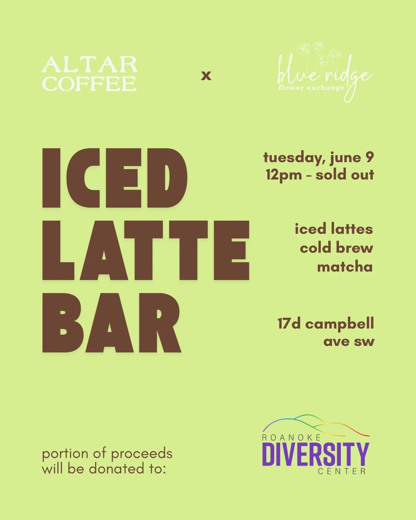 You all sold us out our first collab, so we&rsquo;re doing it again - this time in celebration of Pride month! 🎉🎉🎉

Join us Tuesday from 12 PM until sell out for an iced latte bar at the flower shop. A portion of all proceeds will be donated to @r