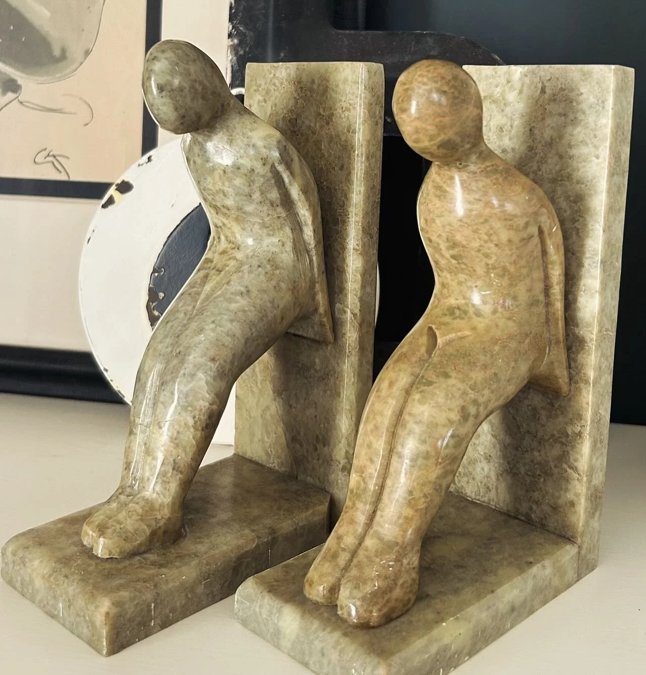 Vintage hand-carved soapstone bookends. 
7 1/4 x 2 1/2 x 5&rdquo; 
$125 plus tax and shipping
