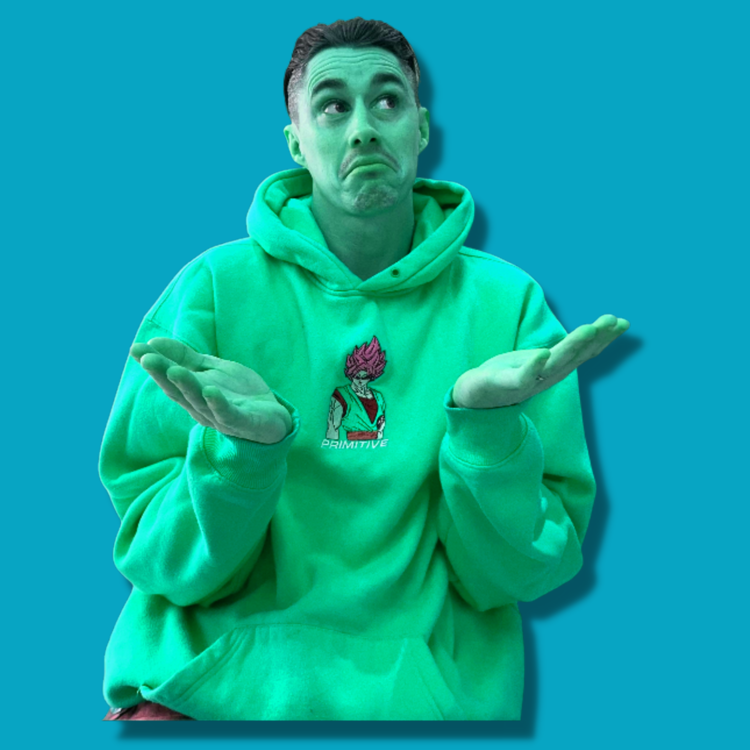 A man in a bright green hoodie with an animated character graphic on it, shrugging with a confused expression, against a blue background.