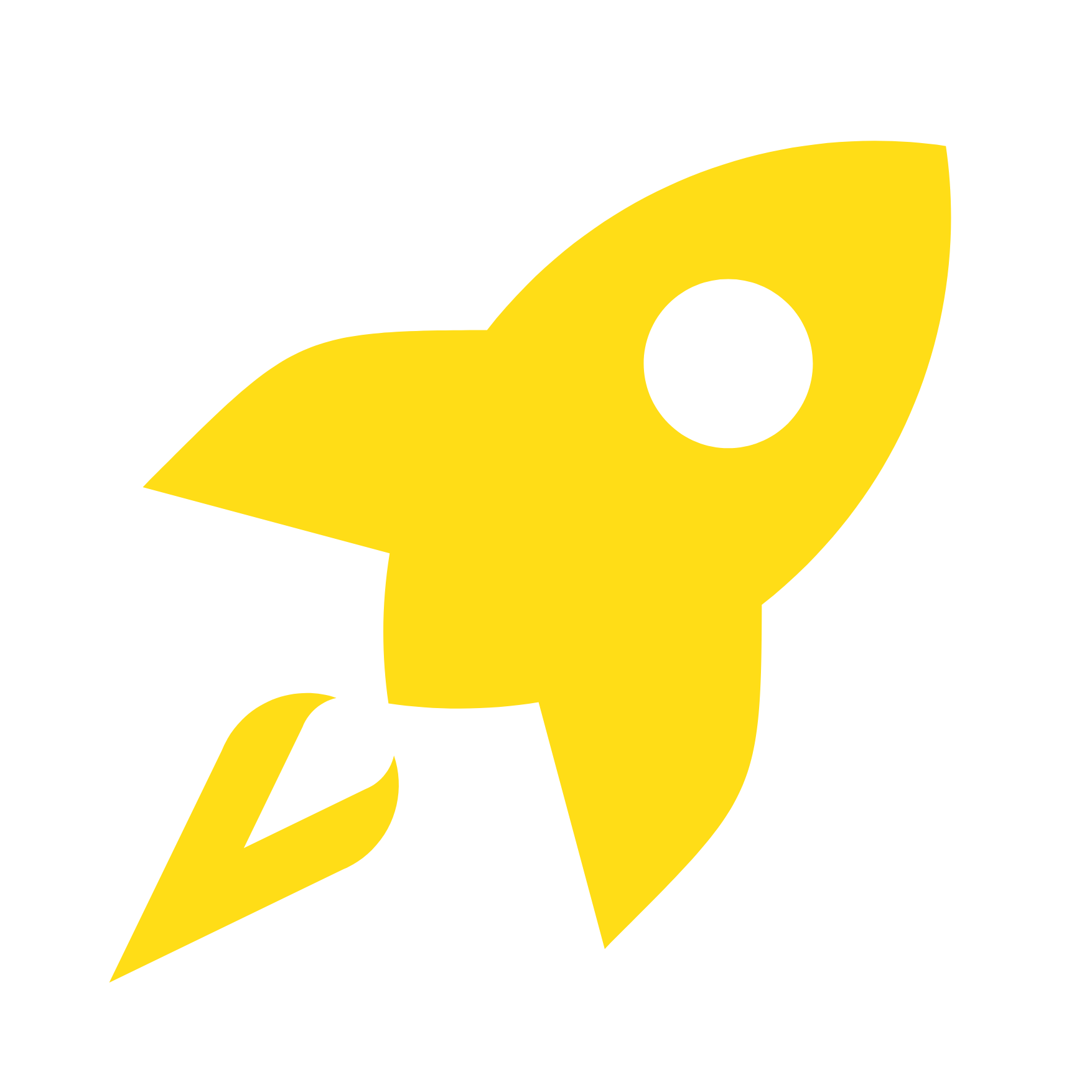 Yellow rocket ship icon with black background.
