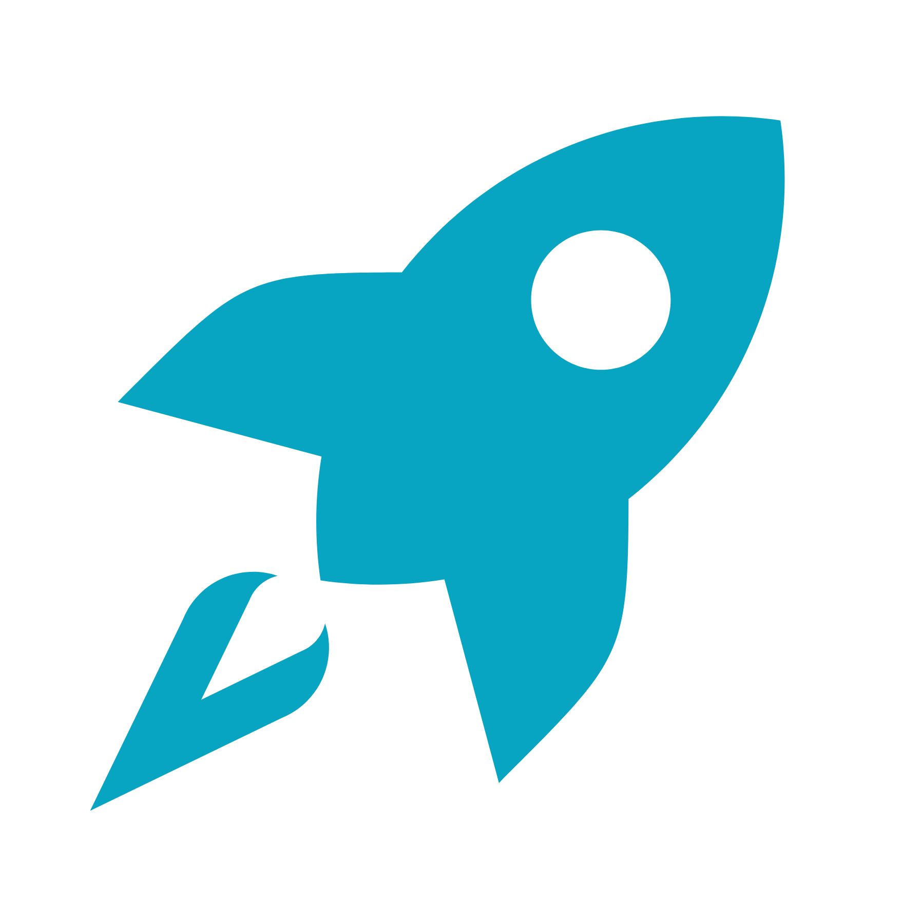 Blue and black graphic logo of a stylized rocket ship.