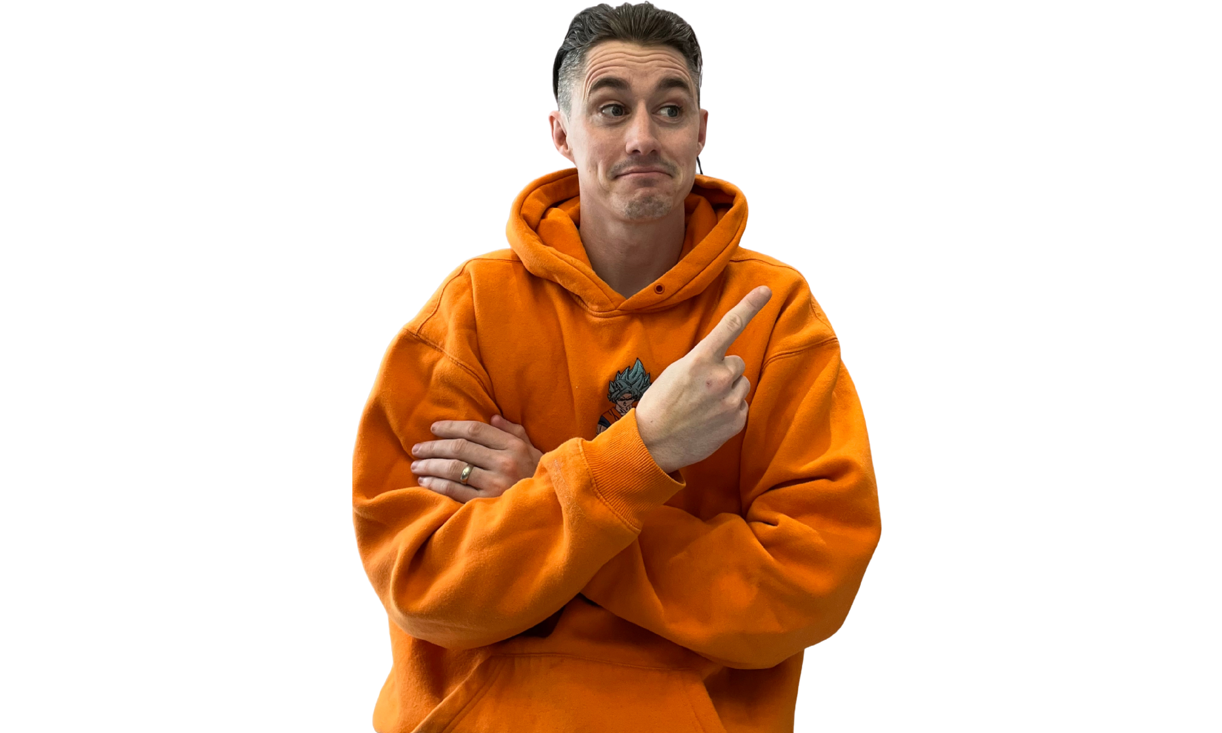 A man wearing an orange hoodie, crossing his arms, with a neutral expression and slightly raised eyebrows.