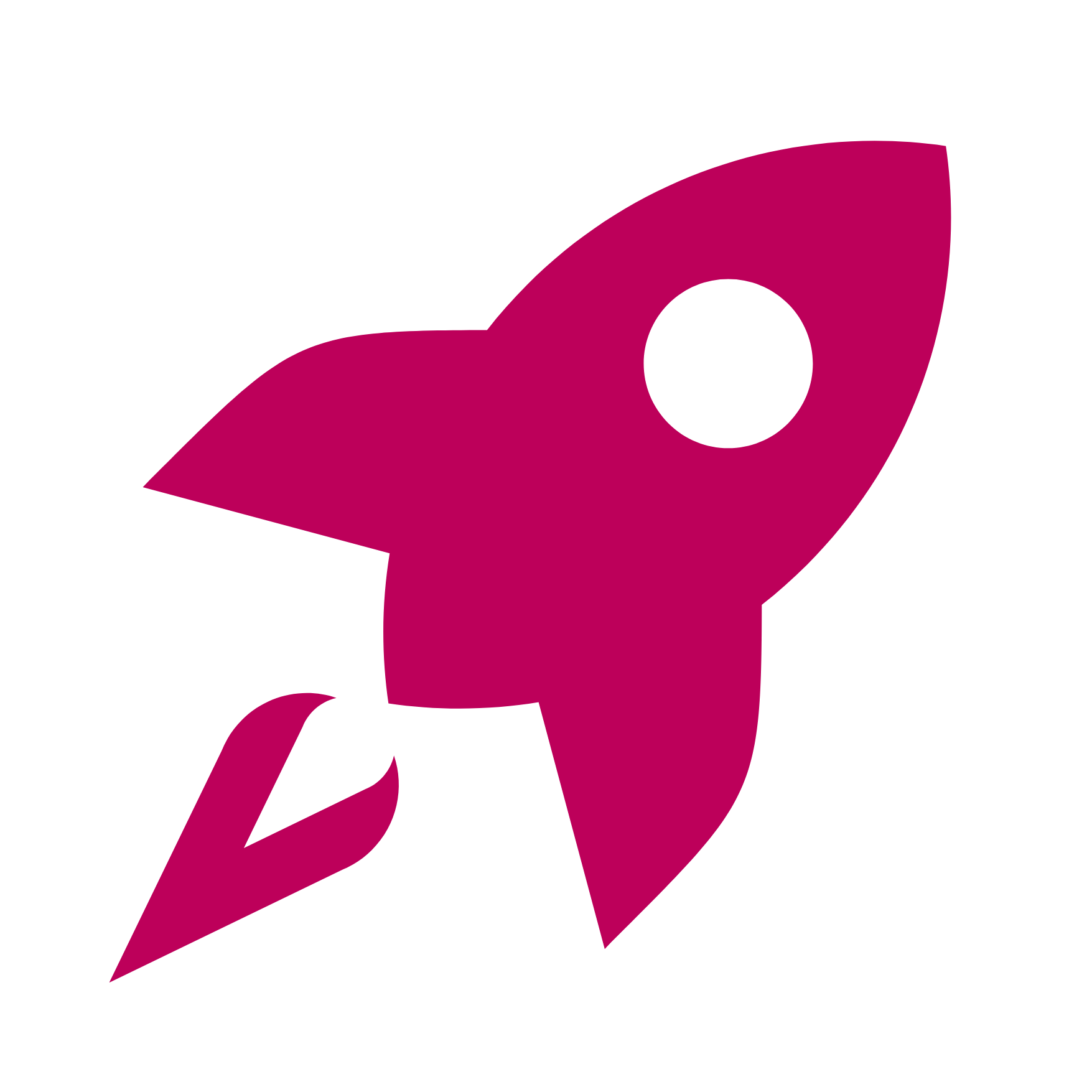 Simplified pink rocket icon with black circle window on a black background.