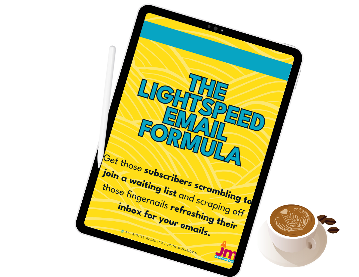 A digital tablet displays a bright yellow advertisement titled "The Lightspeed Email Formula" with blue bold text, promoting subscribing to an email list. The background features a pattern resembling pasta. There is a coffee cup with latte art and a chocolate dessert on a white table nearby.