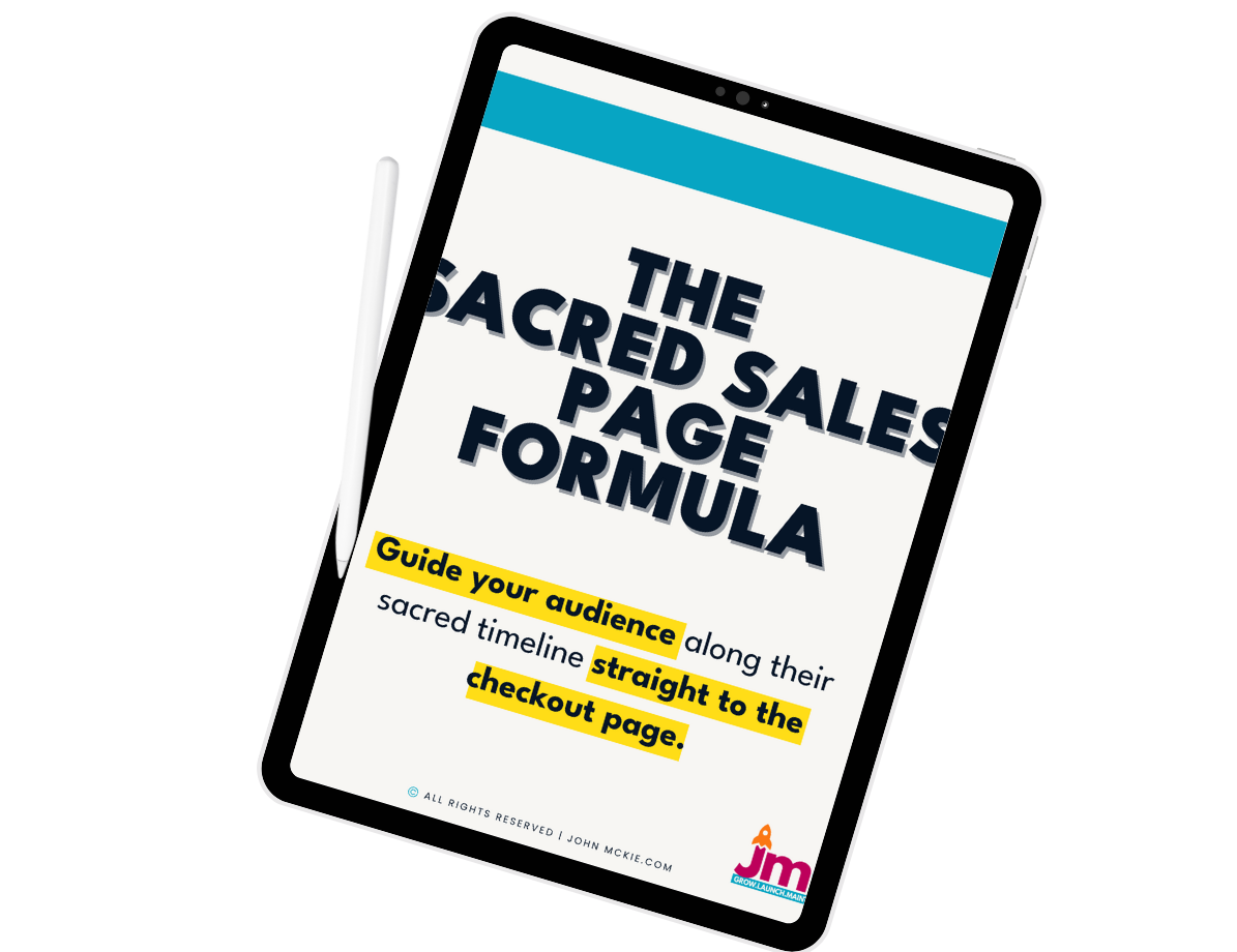 A tablet displaying a page titled 'The Sacred Sales Page Formula' with instructions to guide the audience along their sacred timeline straight to the checkout page, with some text highlighted in yellow.