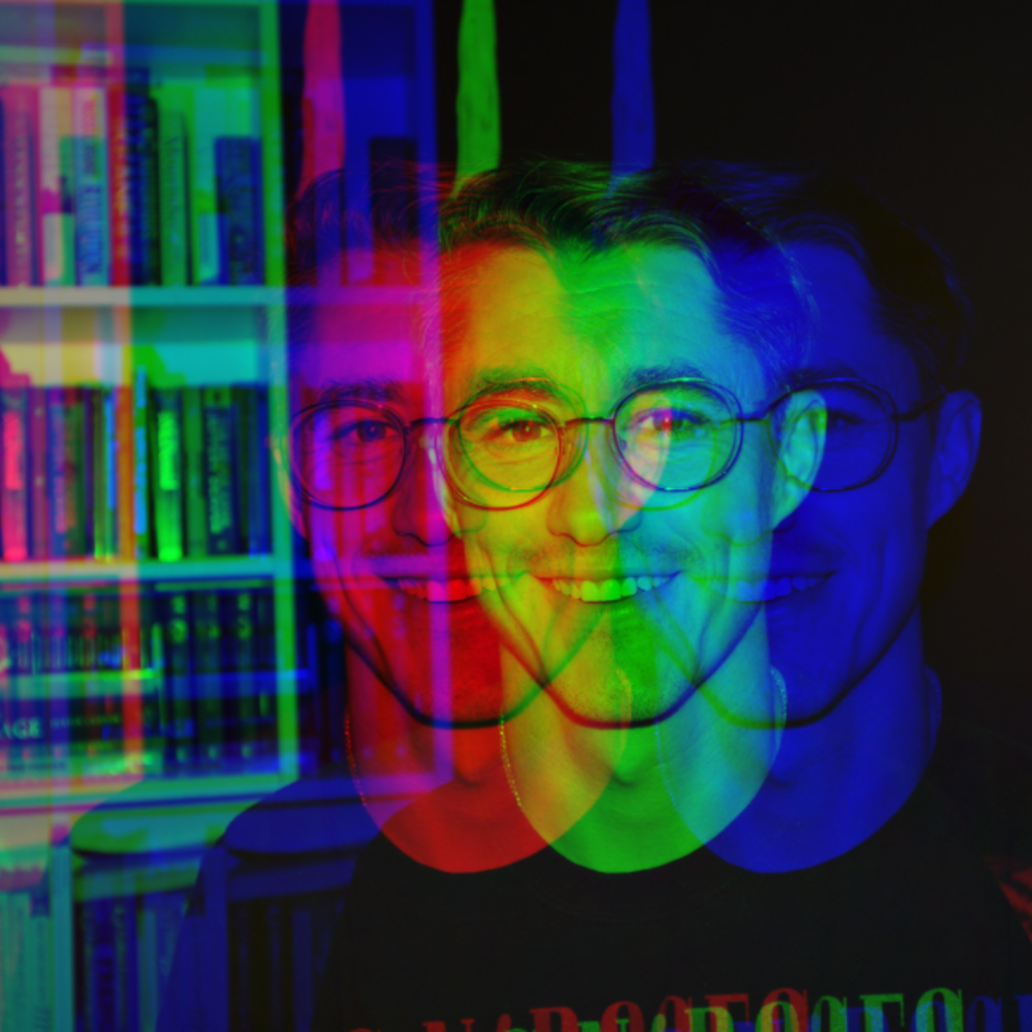 Multiple overlapping frames of a smiling man with glasses, with a rainbow color effect, standing in front of a bookshelf.