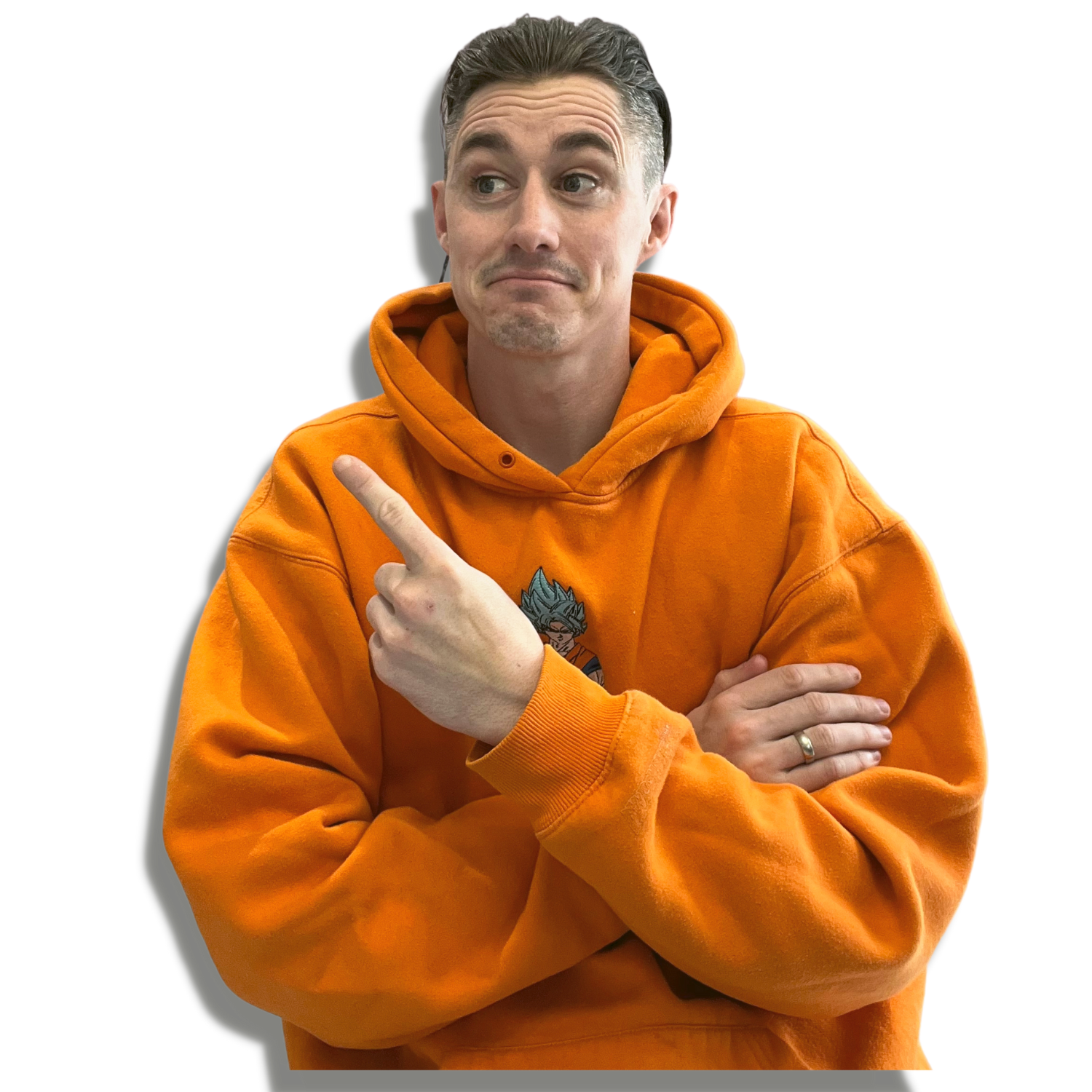 A man wearing an orange hoodie with a character graphic, crossing his arms, pointing with his right hand, and making a skeptical facial expression.