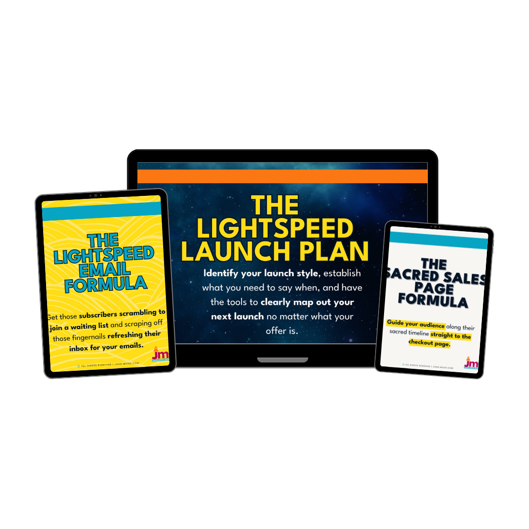 Digital graphic of a launch plan titled 'The Lightspeed Launch Plan' displayed on a television screen flanked by two tablets. The left tablet shows 'The Lightspeed Email Formula' with a yellow background, while the right tablet shows 'The Sacred Sales Page Formula' with a white background.