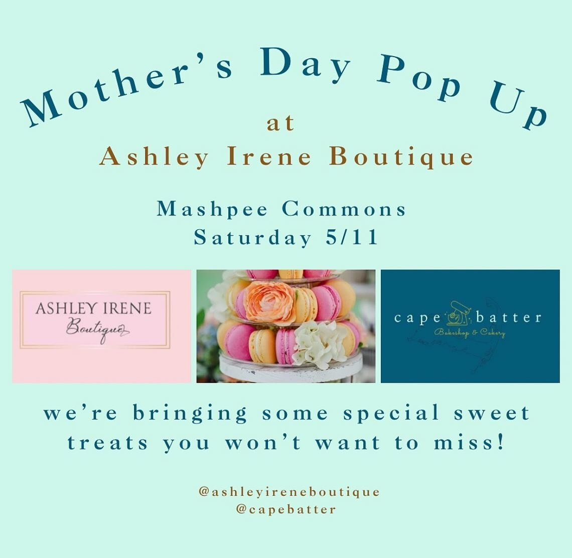 Come on down Saturday to @ashleyireneboutique at the Mashpee Commons for some Mother&rsquo;s Day shopping, unique finds and sweet treats 🫶🛍️

We&rsquo;re bringing super cute Mother&rsquo;s Day Macaron Packs, Mini Lambeth (vintage) cakes and a coupl