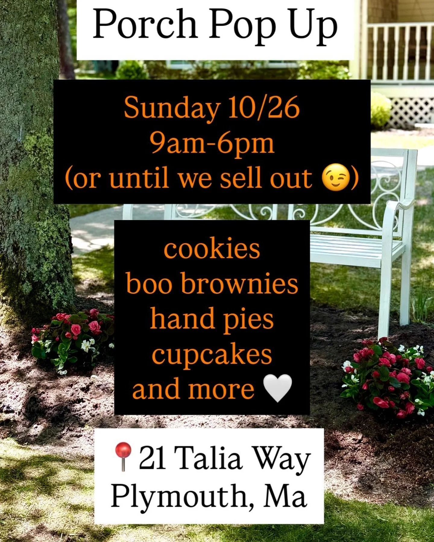 🎃 Porch Bakery Pop-Up This Weekend! 🎃
We’ll be set up at 21 Talia Way, Plymouth with cupcakes, cookies, boo brownies, and all kinds of sweet treats! 👻🧁
🚗 Getting here: Please drive safely! There’s construction on the back road throu