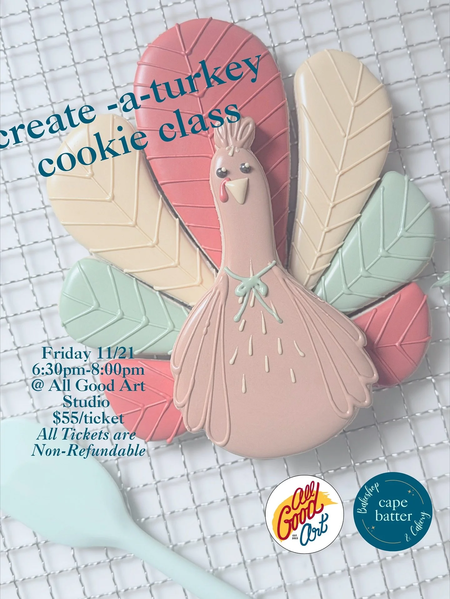 Turkey Cookie Decorating Class
Join us this Friday, 11/21 from 6:30&ndash;8 PM for a fun, beginner-friendly cookie decorating class! Tickets are still available!

You&rsquo;ll create your very own Thanksgiving turkey cookie centerpiece, and we&rsquo;