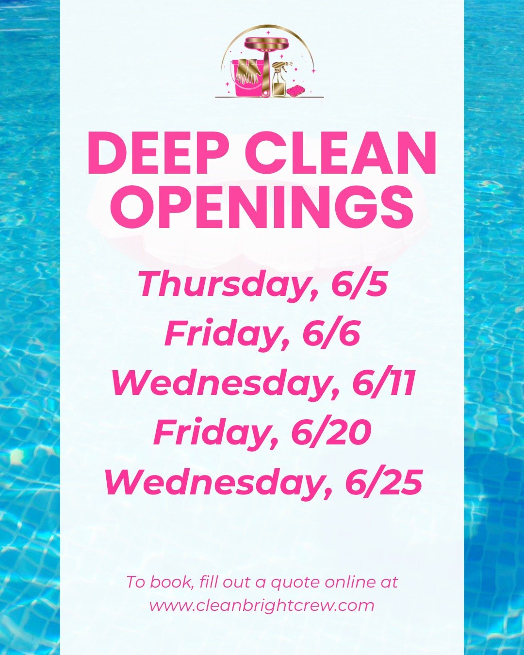 Summer&rsquo;s here... and so is the dirt, sunscreen, and snack crumbs everywhere.

Let us handle the mess so you can enjoy the sunshine, not spend it scrubbing! Our June deep cleaning spots are now open. Perfect for a pre-vacation refresh or post-po