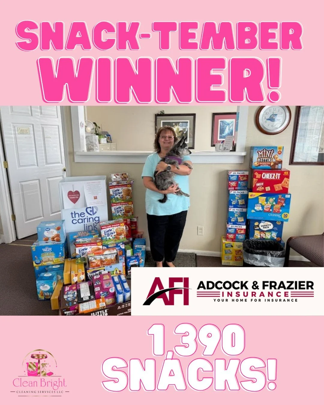 Congratulations to Adcock & Frazier Insurance, Inc. for winning our Snack-tember snack drive, benefitting The Caring Link ❤️
The final count was 2,735 snacks! We are so thankful for everyone who contributed and helped us make an impact in our lo