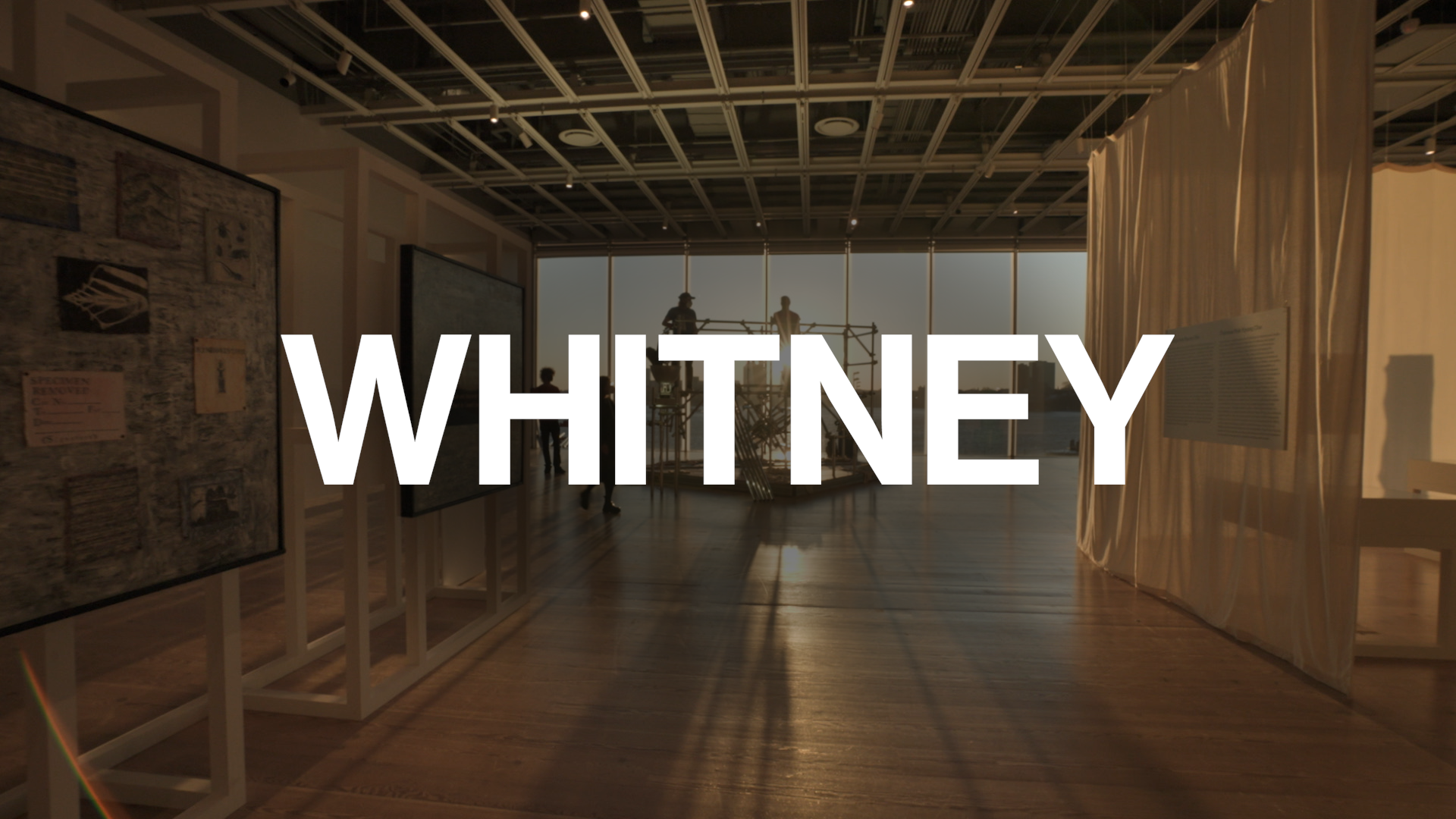 Art gallery interior with display panels, sculptures, and the word 'WHITNEY' in large text overlay.