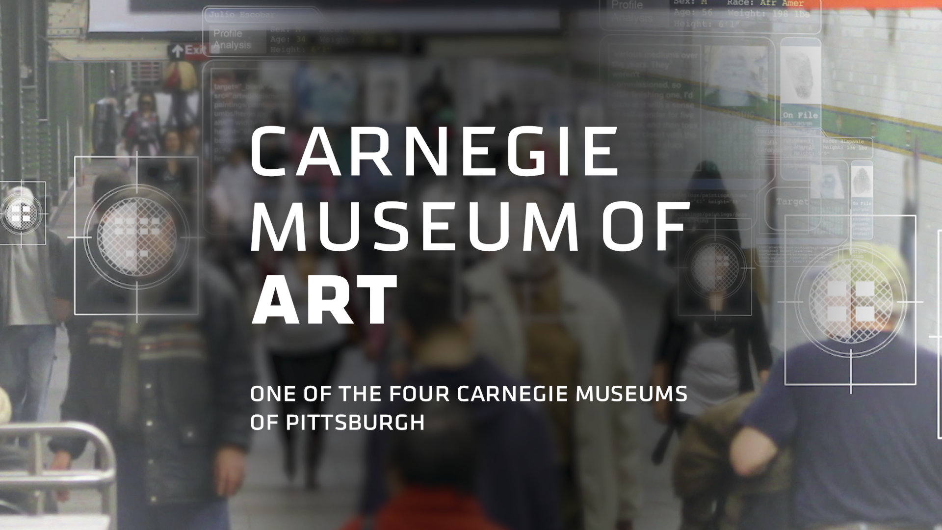 Carnegie Museum of Art promotional image with blurred crowd background and text overlay.