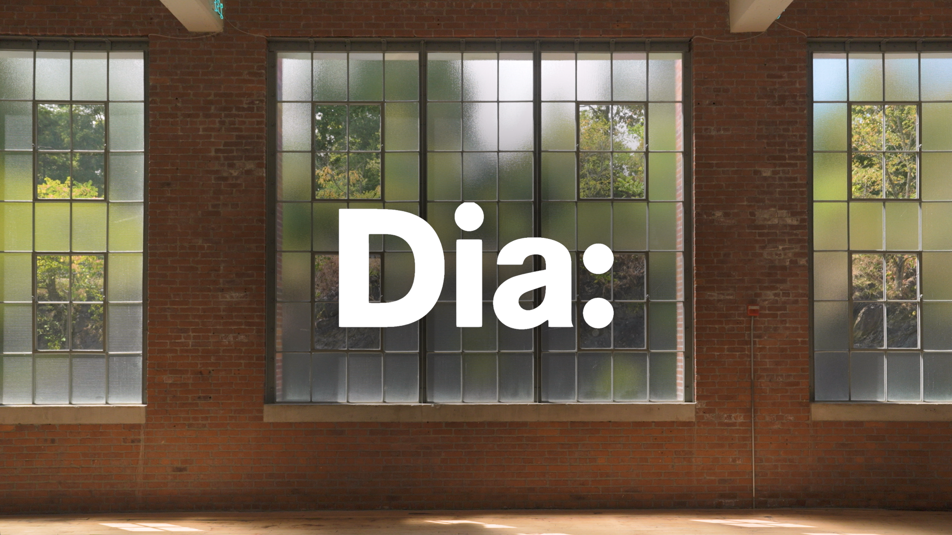 Large brick wall with multiple tall, frosted windows and the word "Dia:" in bold white letters.