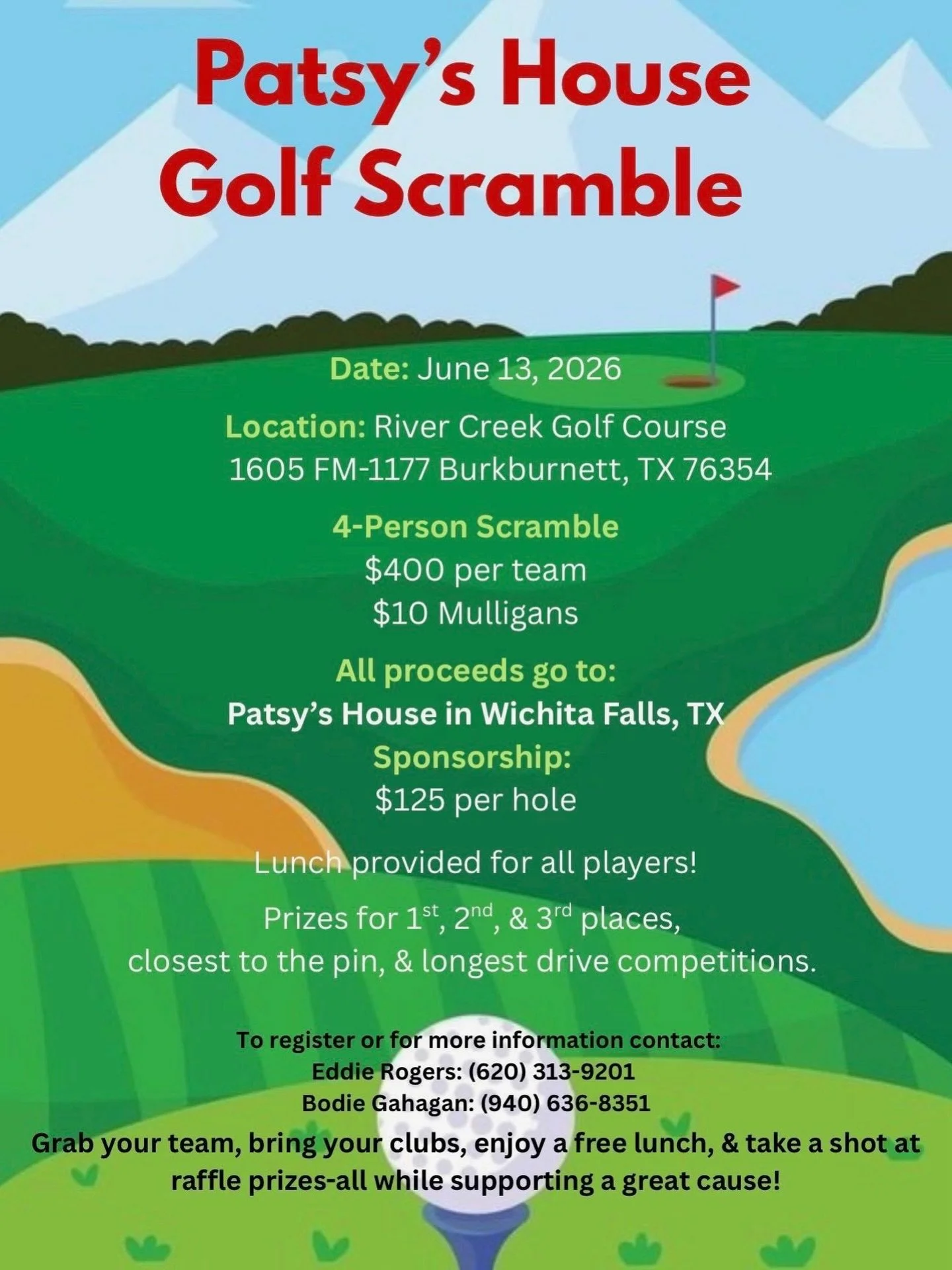 We&rsquo;re excited to announce the Atmos Energy Golf Tournament benefitting Patsy&rsquo;s House!

June 13th at River Creek Golf Course ⛳️ 

4 Person Scramble - $400 per team, $10 Mulligans

Sponsorship- $125 per hole 

Prizes for 1st, 2nd, 3rd place
