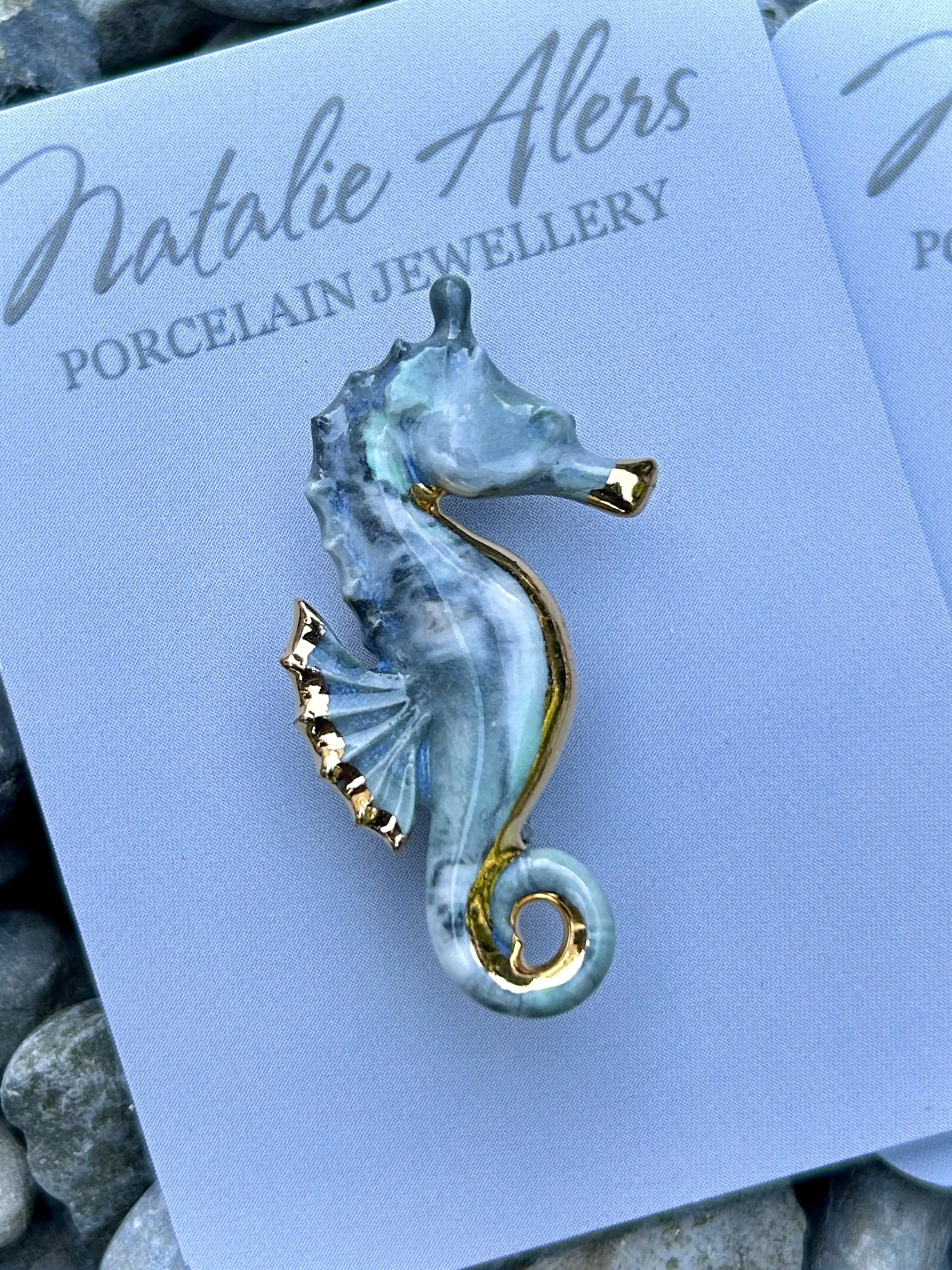 Forest Green Seahorse brooch, porcelain brooch, ceramic brooch, handmade jewellery, gift for her
