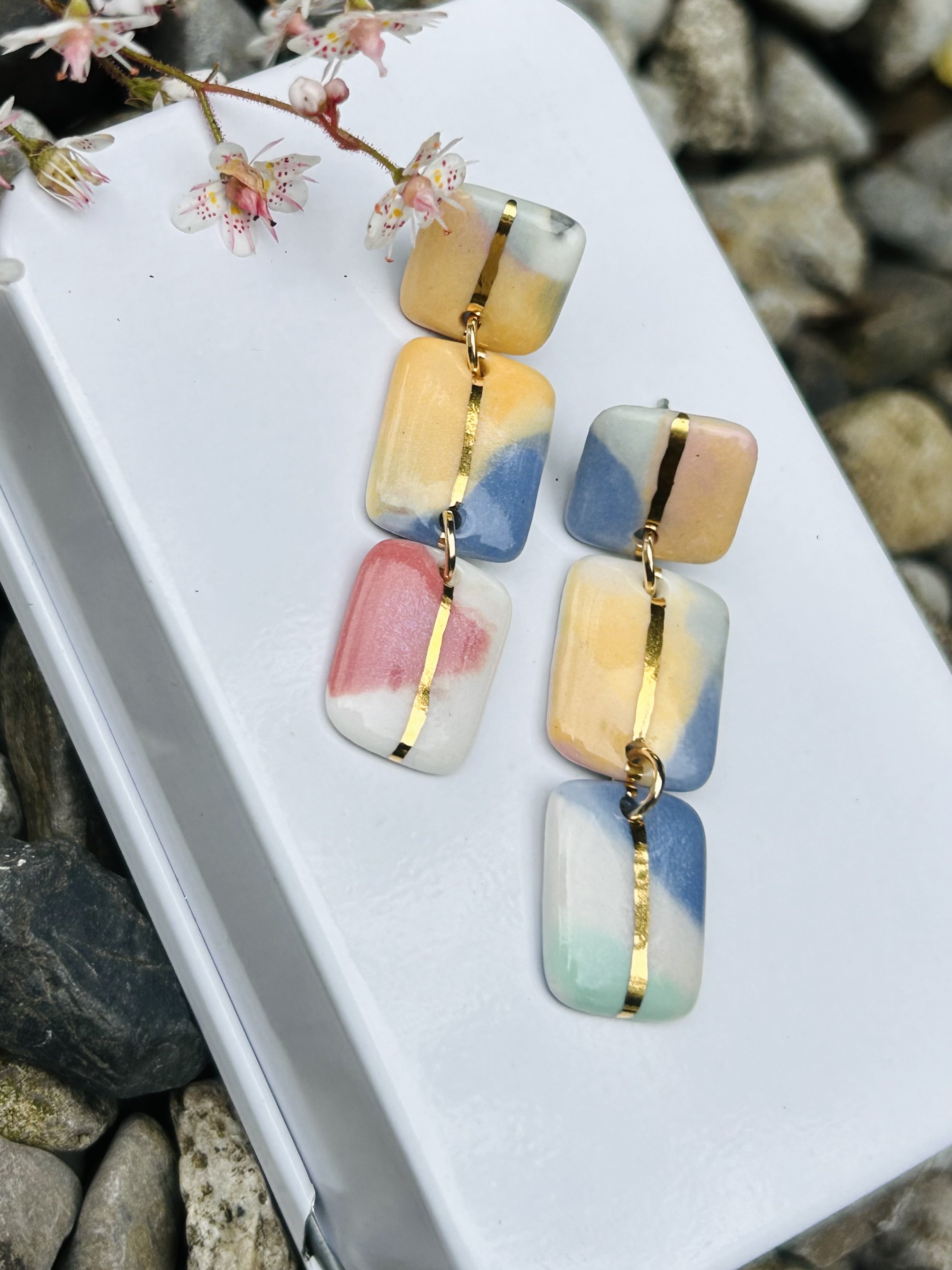 Porcelain earrings, porcelain studs, white link studs, Love, Spring, gift for her