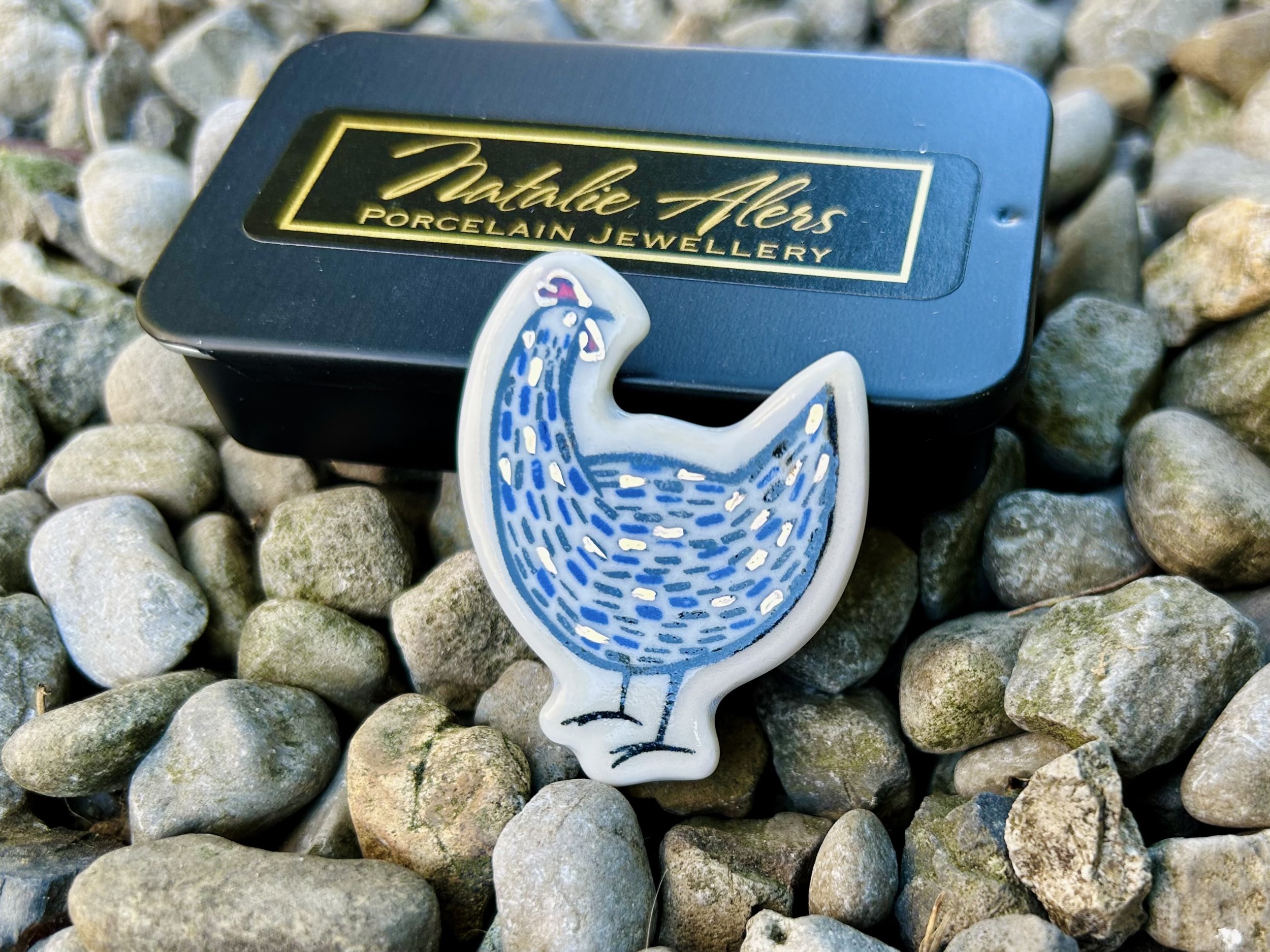 Blue Hen brooch, porcelain brooch, ceramic brooch, handmade jewellery, gift for her