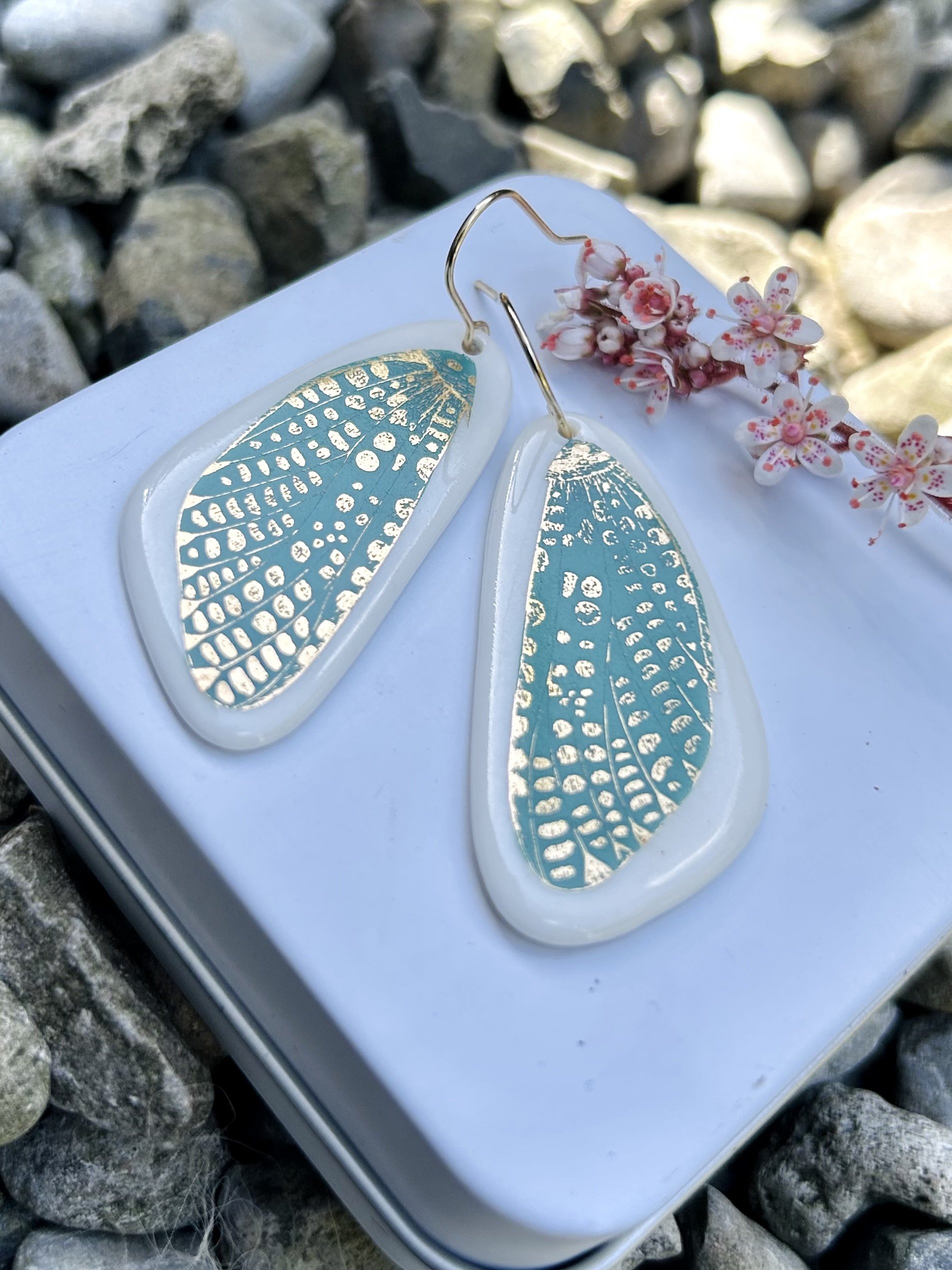 Porcelain earrings, porcelain hooks, gold earrings, statement jewellery
