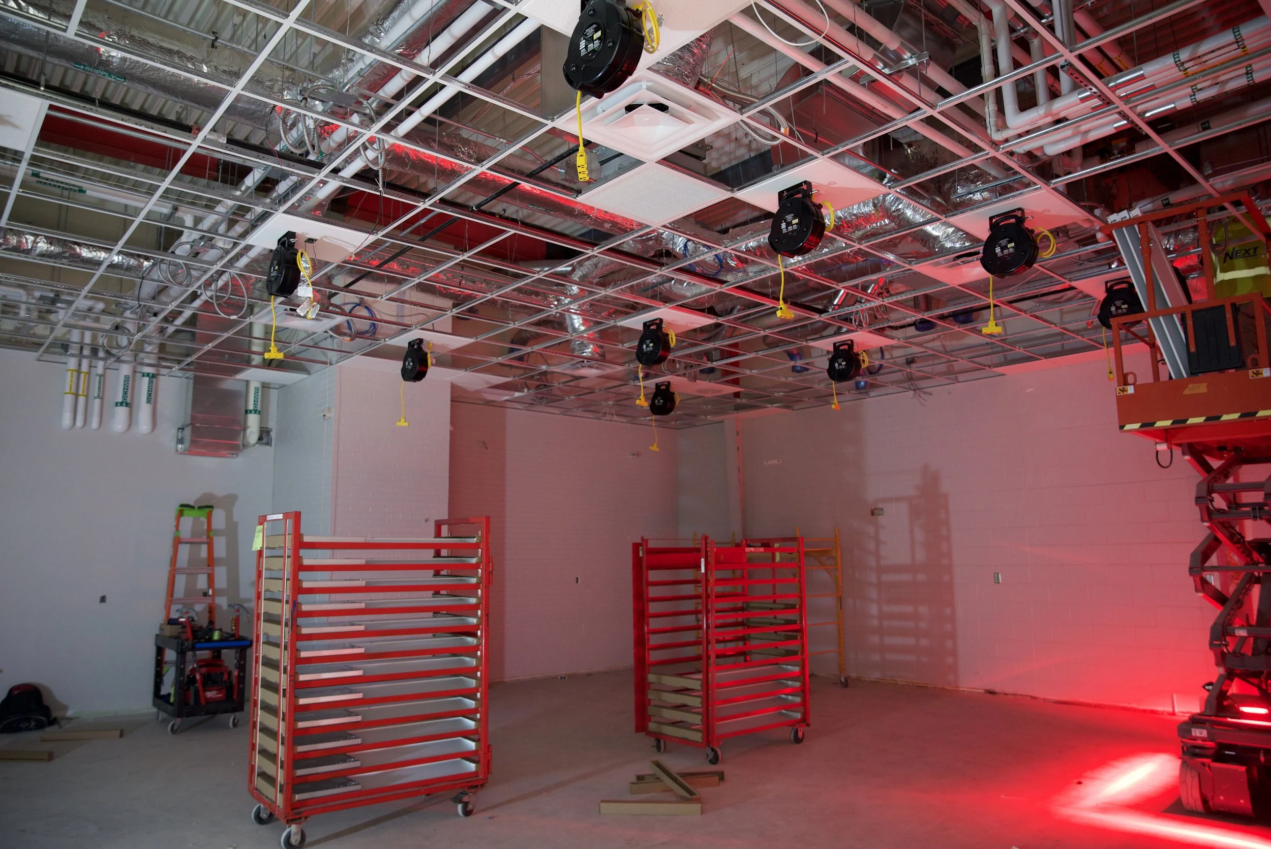 New mechanical work such as LED lighting and a data wires were ran through the ceiling