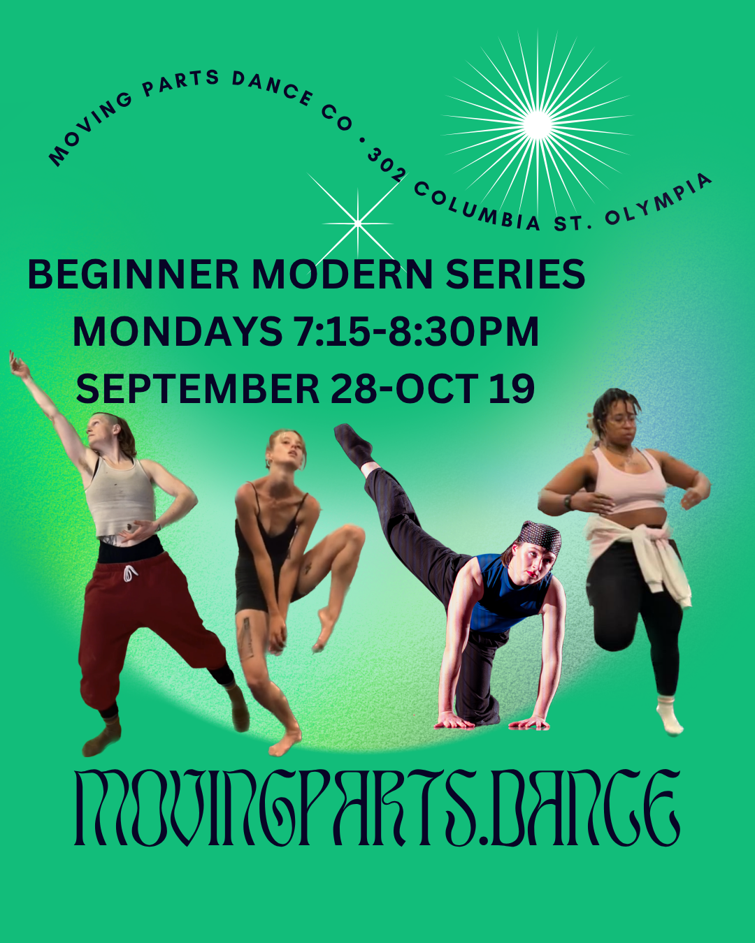 A promotional flyer for a beginner modern dance series featuring diverse dancers in various dance poses. The flyer includes text with event details such as location at Moving Parts Dance Co., dates from September 28 to October 19, Mondays from 7:15 to 8:30 PM, and the series title.