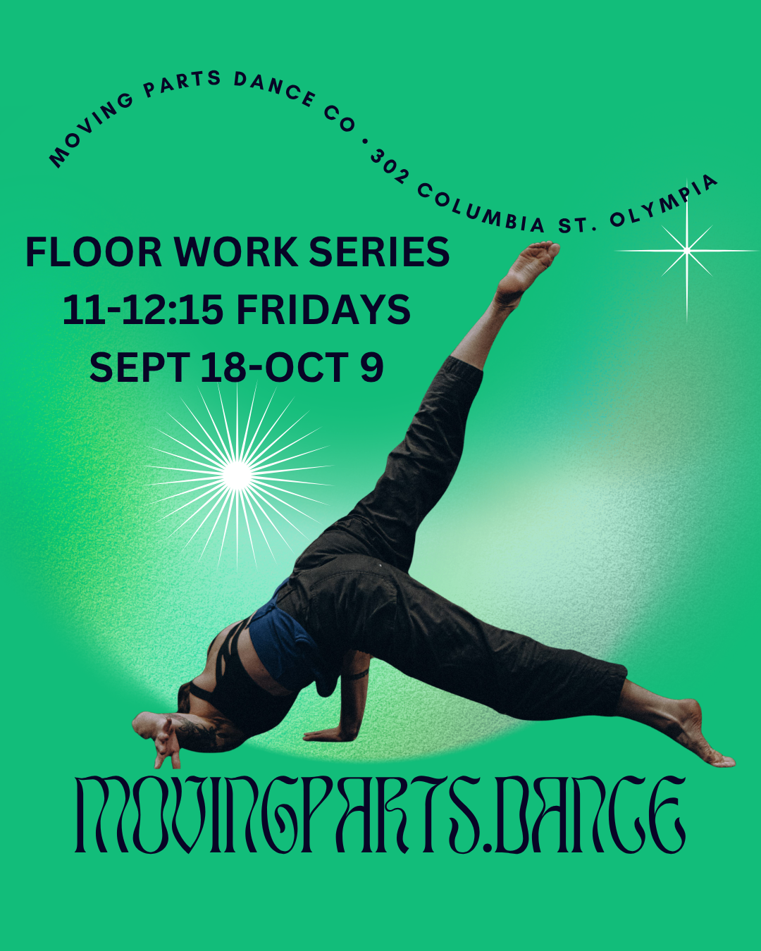 A promotional poster for a dance studio with a person performing a yoga pose on a green background. The text advertises a floor work series on Fridays from September 18 to October 9, from 11:00 to 12:15.