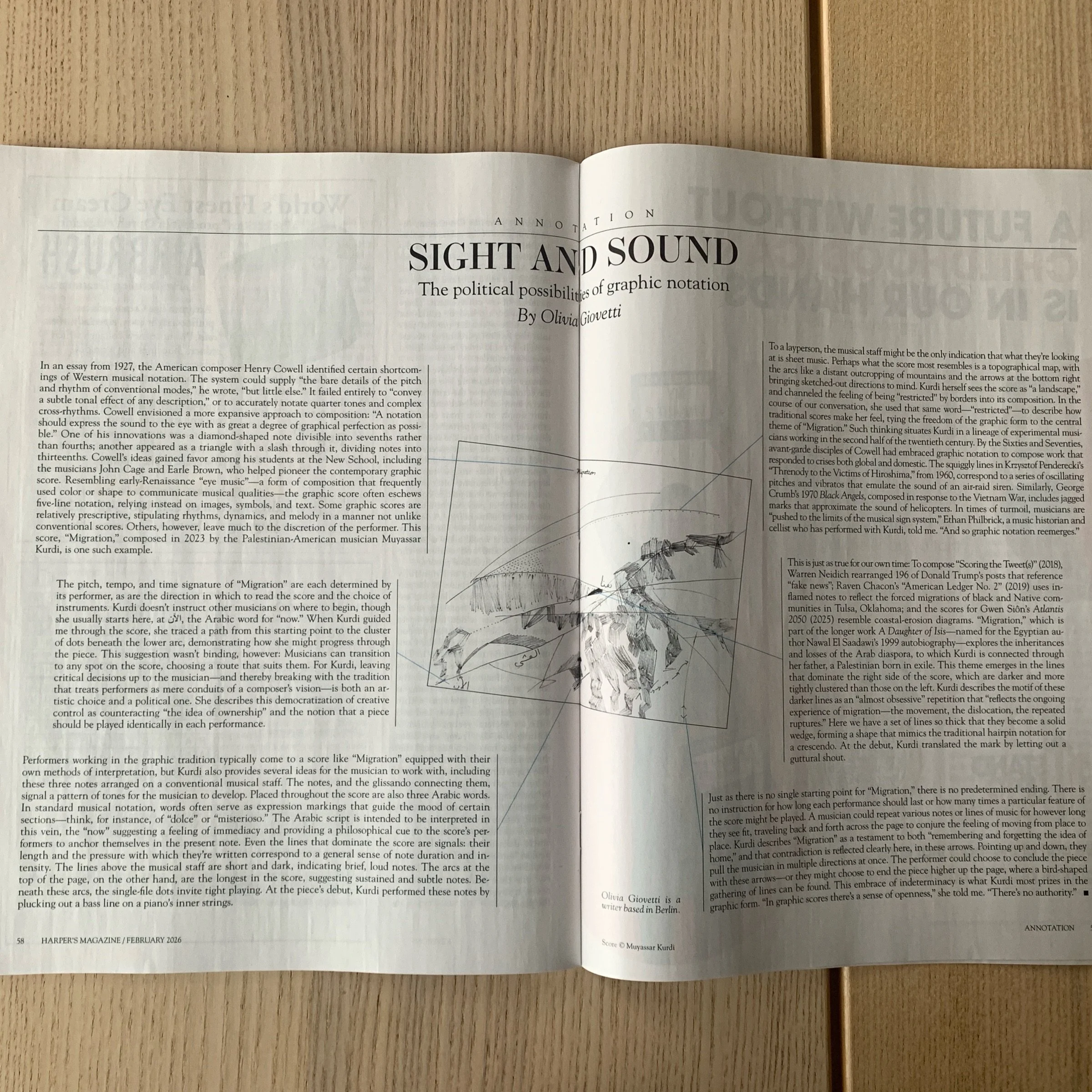 The political possibilities of graphic notation in Harper’s Magazine written by Olivia Giovetti, February 2026