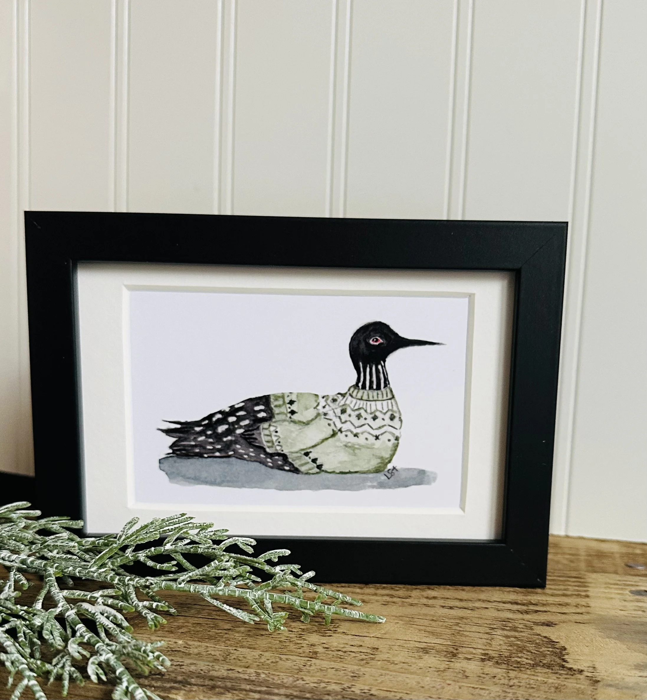 Framed 4x6 watercolor illustrated Sweater loon
