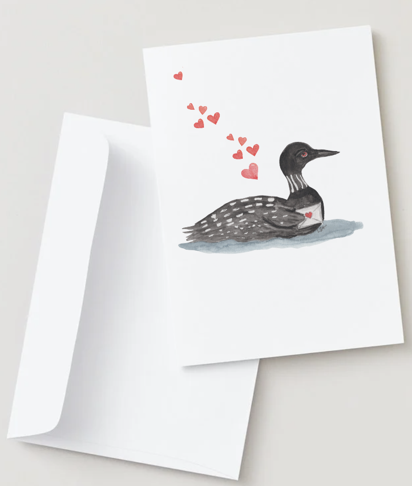 Heart loon watercolor illustrated notecard set